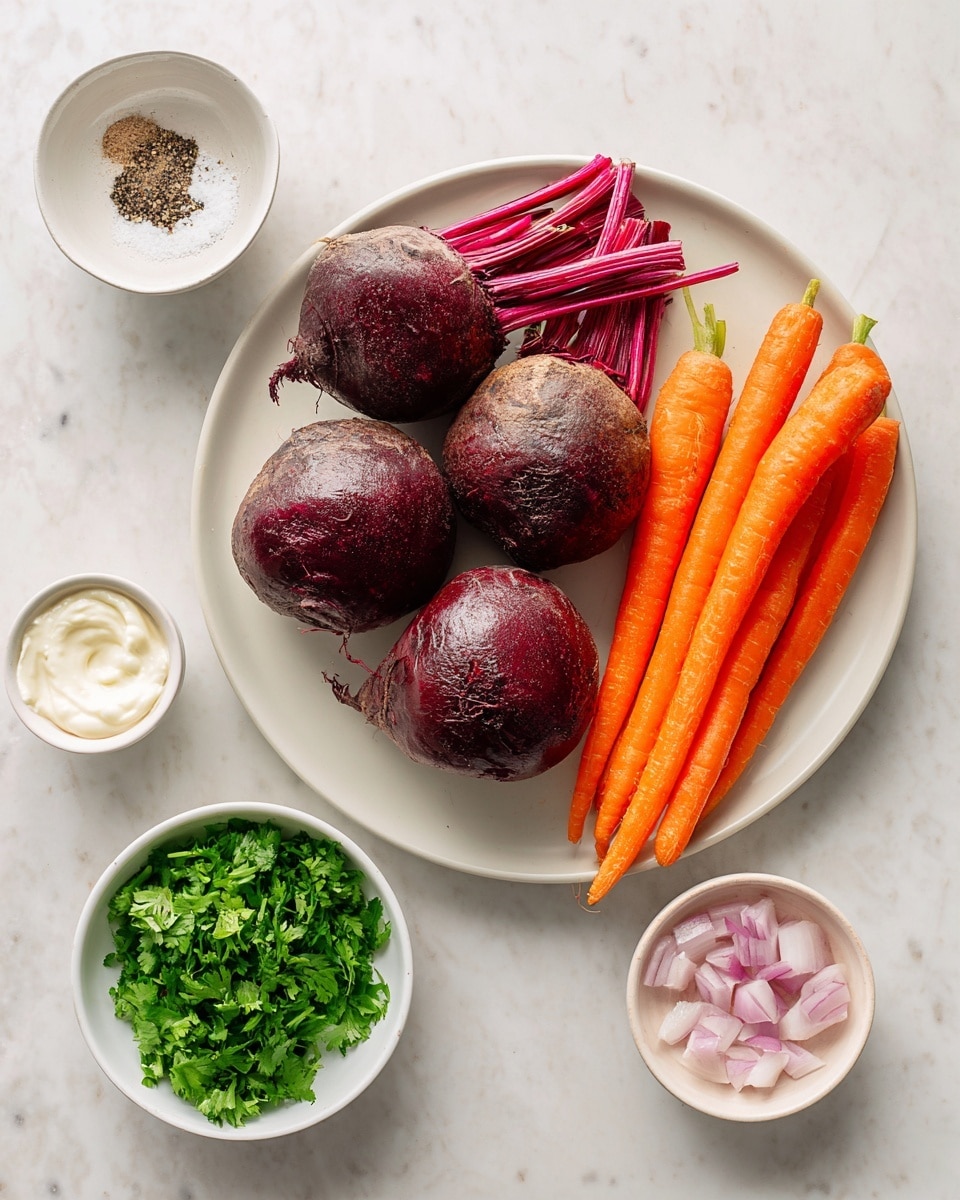 The image shows a white round plate in the center holding four whole beets with rough, dark purple skin and bright red cut tops facing upward, arranged next to five whole orange carrots with a slightly rough texture, lying parallel on the right side of the plate. Surrounding the plate on a white marbled surface are four small white bowls: one bowl at the top left contains roughly half black pepper and half white salt, the top right bowl is filled with chopped green cilantro leaves, the bottom left bowl holds smooth light mayo cream, and the bottom right bowl contains small, pale pink chopped pieces of onion. The setup is clean and bright with natural lighting, photo taken with an iphone --ar 4:5 --v 7