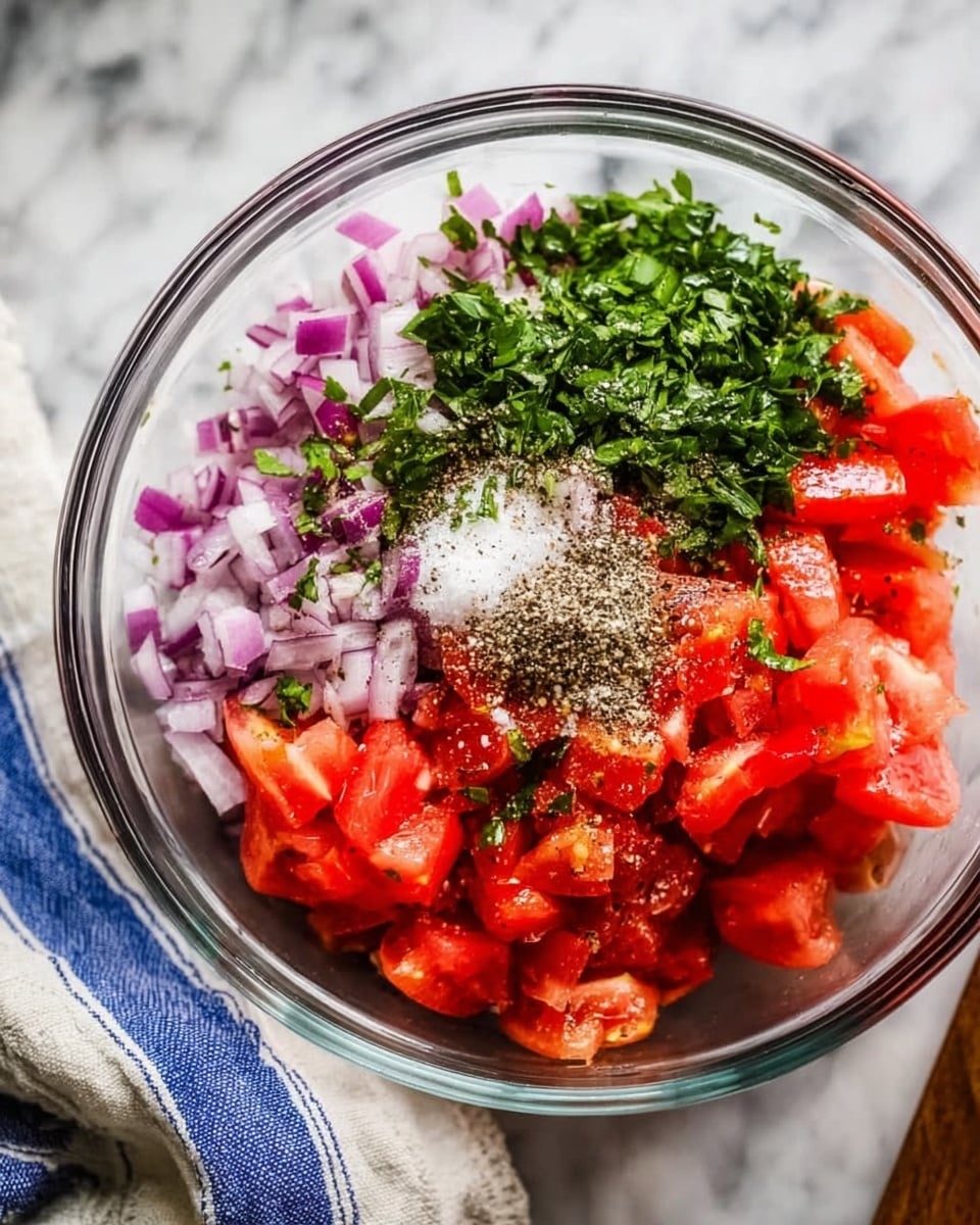 A clear glass bowl filled with fresh chopped ingredients arranged in separate sections: bright red tomato chunks on the right side, deep purple diced onions on the bottom left, and a pile of finely chopped green herbs at the top left. In the center, a small mound of coarse salt and ground black pepper rests on the tomatoes. The bowl sits on a white marbled surface with a blue and white striped cloth partially under it. The light shines softly, highlighting the colors and textures of each ingredient. photo taken with an iphone --ar 4:5 --v 7