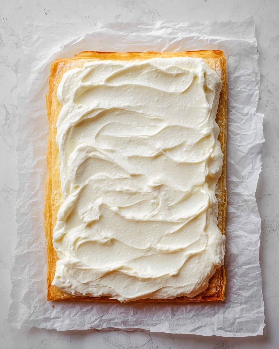 A rectangular layer of thin, crispy golden-brown pastry sits flat on crumpled white parchment paper, resting on a white marbled surface. The pastry has slightly puffed edges that show a delicate texture, and it is evenly covered with a thick, smooth spread of white cream that has soft swirls and some small uneven areas, creating a light and fluffy appearance. The contrast between the warm golden pastry and the cool white cream makes the dish visually appealing. Photo taken with an iphone --ar 4:5 --v 7