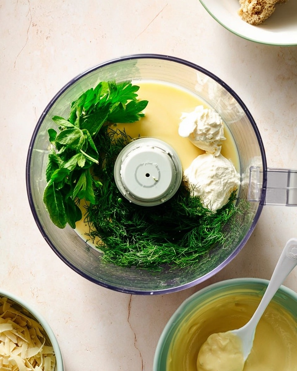 A clear glass food processor bowl shows layers of ingredients inside standing on a white marbled surface. At the bottom there is a smooth pale yellow liquid, topped with dollops of white creamy substance on one side. On the opposite side, there are fresh green leafy herbs, including dill, parsley, and other leafy greens, arranged around the center blade. Near the bowl is a white bowl with pale yellow thick sauce and a white spoon inside it, and part of another white bowl with shredded beige pieces is visible. photo taken with an iphone --ar 4:5 --v 7