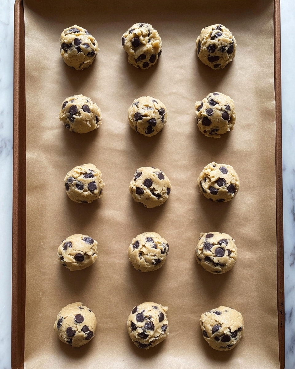 This image shows a baking tray lined with light brown parchment paper, holding 15 evenly spaced raw cookie dough balls arranged in a 3 by 5 grid. Each dough ball is textured and light beige to tan in color with many dark brown to black chocolate chips mixed and scattered on their surfaces. The dough balls look thick and slightly rounded, with small chunks visible inside. The background beneath the tray is a white marbled texture. Photo taken with an iphone --ar 4:5 --v 7