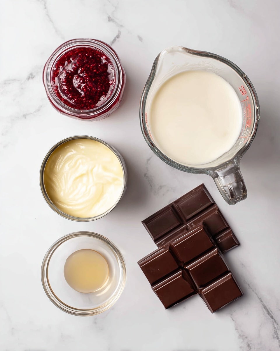 The image shows five ingredients placed on a white marbled surface. At the top right is a clear glass measuring jug filled with thickened cream, creamy white in color with a smooth texture. To its left is a small glass jar filled with raspberry sauce, deep red with a slightly chunky texture. Below the jar is an opened can of sweetened condensed milk, pale yellow and glossy. Below and slightly to the left of the can is a small glass bowl containing vanilla, light amber and clear. To the bottom right are three rectangular pieces of dark 50% semi-sweet chocolate, rich dark brown with a smooth surface. The arrangement is neat and each ingredient is clearly visible. Photo taken with an iphone --ar 4:5 --v 7