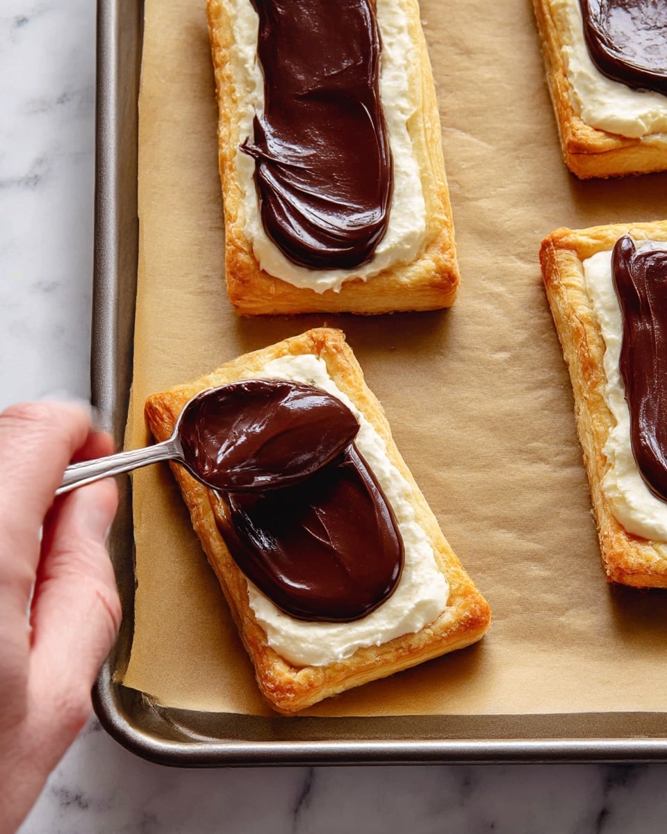 The image shows a close-up of three rectangular pastries on a baking tray lined with parchment paper, placed on a white marbled surface. Each pastry has a golden-brown flaky crust forming the base layer, with a thick, creamy white filling spread evenly inside the border of the crust. On top of this filling, there is a glossy, dark chocolate layer being spread smoothly by a spoon held by a woman's hand visible at the bottom left corner. The rich chocolate layer contrasts with the creamy white filling and the golden crust, with the textures of the flaky crust, smooth cream, and thick chocolate clearly visible. Photo taken with an iphone --ar 4:5 --v 7