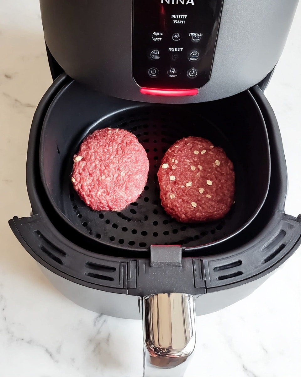 The image shows two raw, pinkish-red oval-shaped patties with small white oats mixed in, placed side by side inside a black air fryer basket. The air fryer is dark gray and has a digital control panel with buttons labeled for temperature, time, air fry, roast, reheat, and dehydrate modes, glowing softly in red. The basket is pulled out slightly, showing its black perforated bottom, and the handle is shiny metallic. The whole setup is sitting on a white marbled surface. Photo taken with an iphone --ar 4:5 --v 7