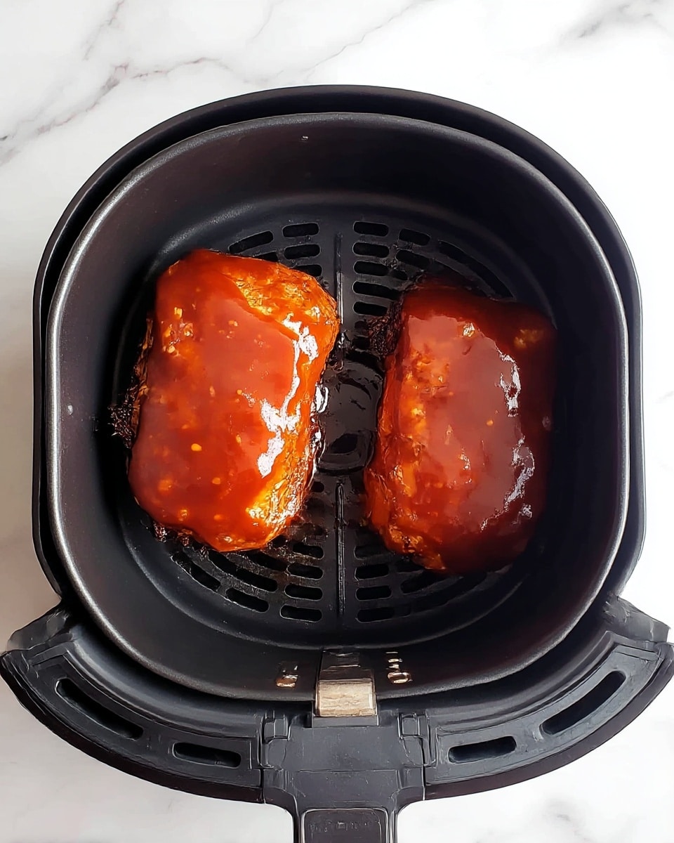 Two pieces of cooked meat covered in shiny reddish-brown sauce sit inside a black air fryer basket with a textured base. The meat is shaped roughly like rounded rectangles and is placed side by side, each piece showing some darkened, crispy edges underneath the sauce. The air fryer basket has smooth black walls, and the whole setup rests on a white marbled surface. The image is bright and clear, showing details of the sauce’s glossy texture and the slight crispiness on the meat edges. photo taken with an iphone --ar 4:5 --v 7