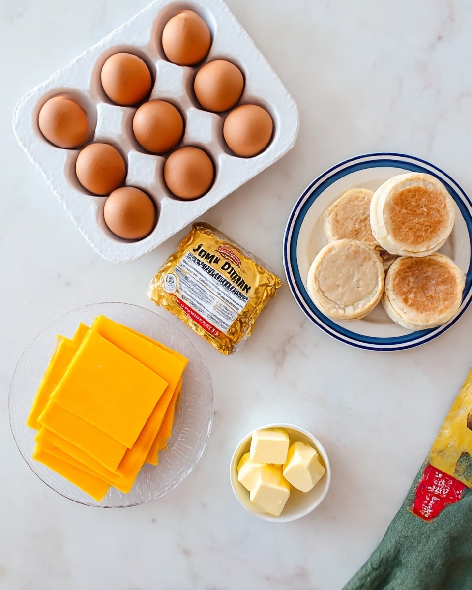 The image shows ingredients for a breakfast sandwich arranged on a white marbled surface. There is a white egg tray with six brown eggs on the top left, and next to it is a gold and beige package of Jimmy Dean pork sausage with text. Below that, on the left side, is a clear plate holding several bright orange cheddar cheese slices stacked in a neat pile. On the right, there is a white plate with a blue rim holding six English muffins, each with a light brown toasted top. At the bottom right, a small white bowl contains three cubes of pale yellow butter. Part of a yellow wrapper with red text and a small green cloth can also be seen at the edges. Photo taken with an iphone --ar 4:5 --v 7