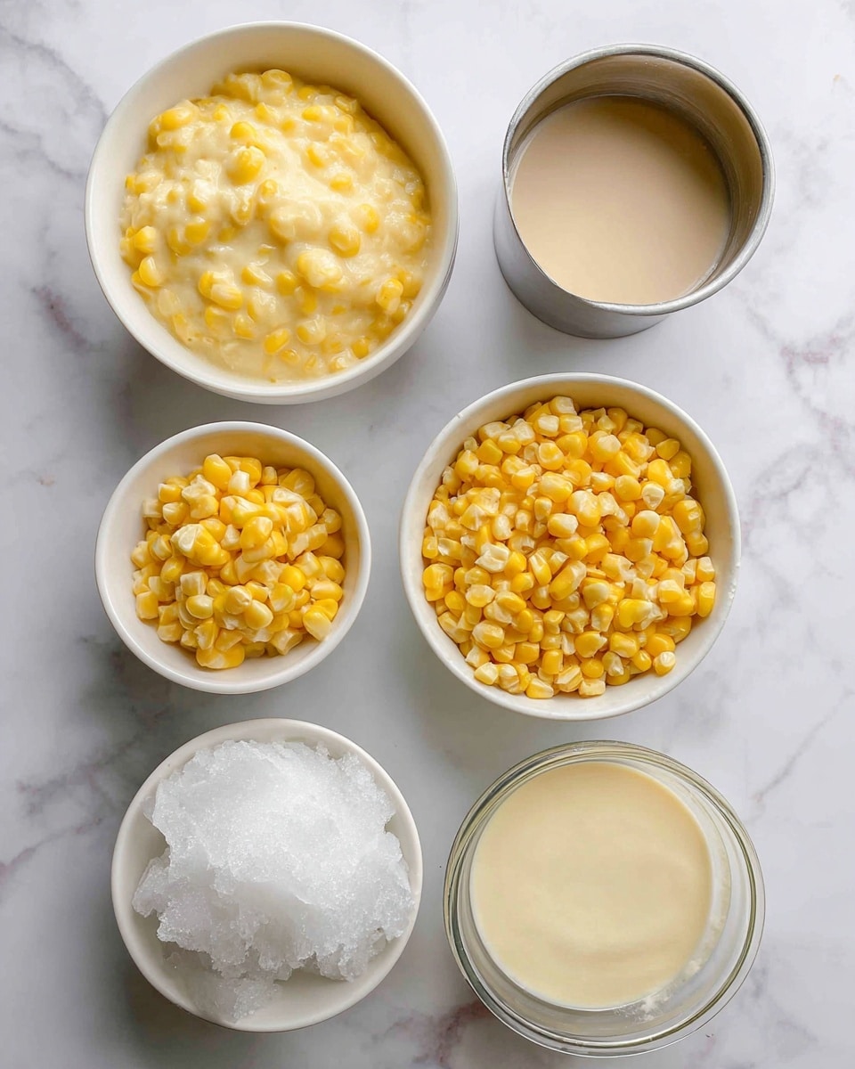 The image shows five bowls and a small pitcher with different ingredients placed on a white marbled surface. In the top left, a white bowl holds a thick creamy yellow corn mixture. To the right of it, a small silver pitcher contains light cream-colored evaporated milk. Below and centered on the right side, a white bowl is filled with bright yellow whole corn kernels. On the bottom left, a white bowl holds fine, white shaved ice that looks soft and fluffy. Finally, at the bottom center, there is a small clear glass bowl filled with pale yellow condensed milk. All items are arranged neatly and clearly labeled with text above each ingredient photo taken with an iphone --ar 4:5 --v 7