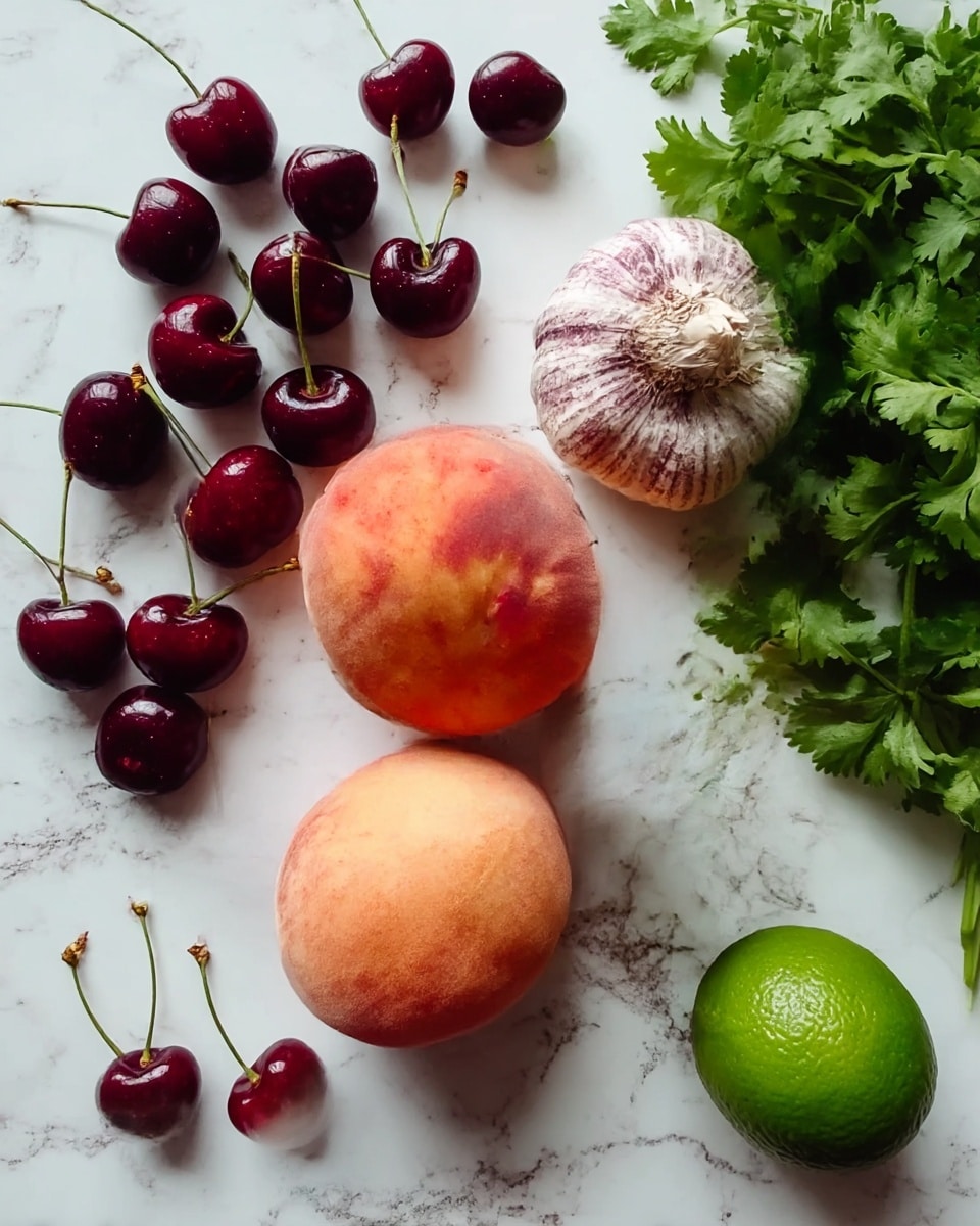 The image shows a group of fresh ingredients arranged on a white marbled surface. There are three soft peaches with a mix of orange and red colors positioned near the center. To the left, a bunch of dark red cherries with greenish stems are scattered. Above the peaches, there is a whole garlic bulb with a dusty purple and white outer skin. Near the top right corner, a bunch of bright green cilantro leaves with delicate textures are visible. At the bottom right, a single green lime adds a pop of color. The photo taken with an iphone --ar 4:5 --v 7