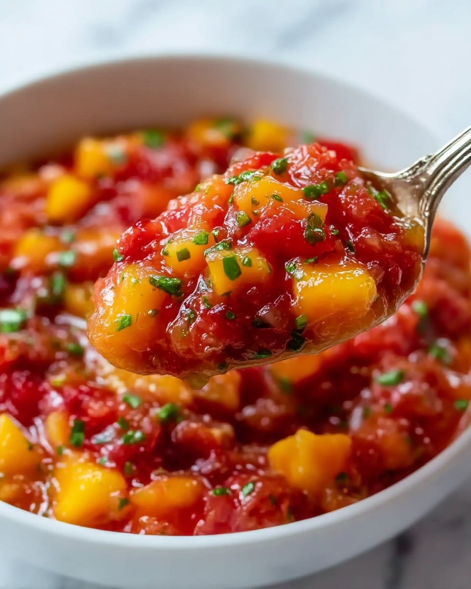 A close-up view of a white bowl filled with a colorful salsa featuring chunky pieces of red tomatoes, bright yellow mango, and small green herbs scattered throughout. The texture appears juicy and slightly thick with visible bits of fruit and herbs creating a fresh and vibrant mix. A silver spoon lifts a generous scoop of the salsa, highlighting the vibrant colors and moist texture against a white marbled background. photo taken with an iphone --ar 4:5 --v 7