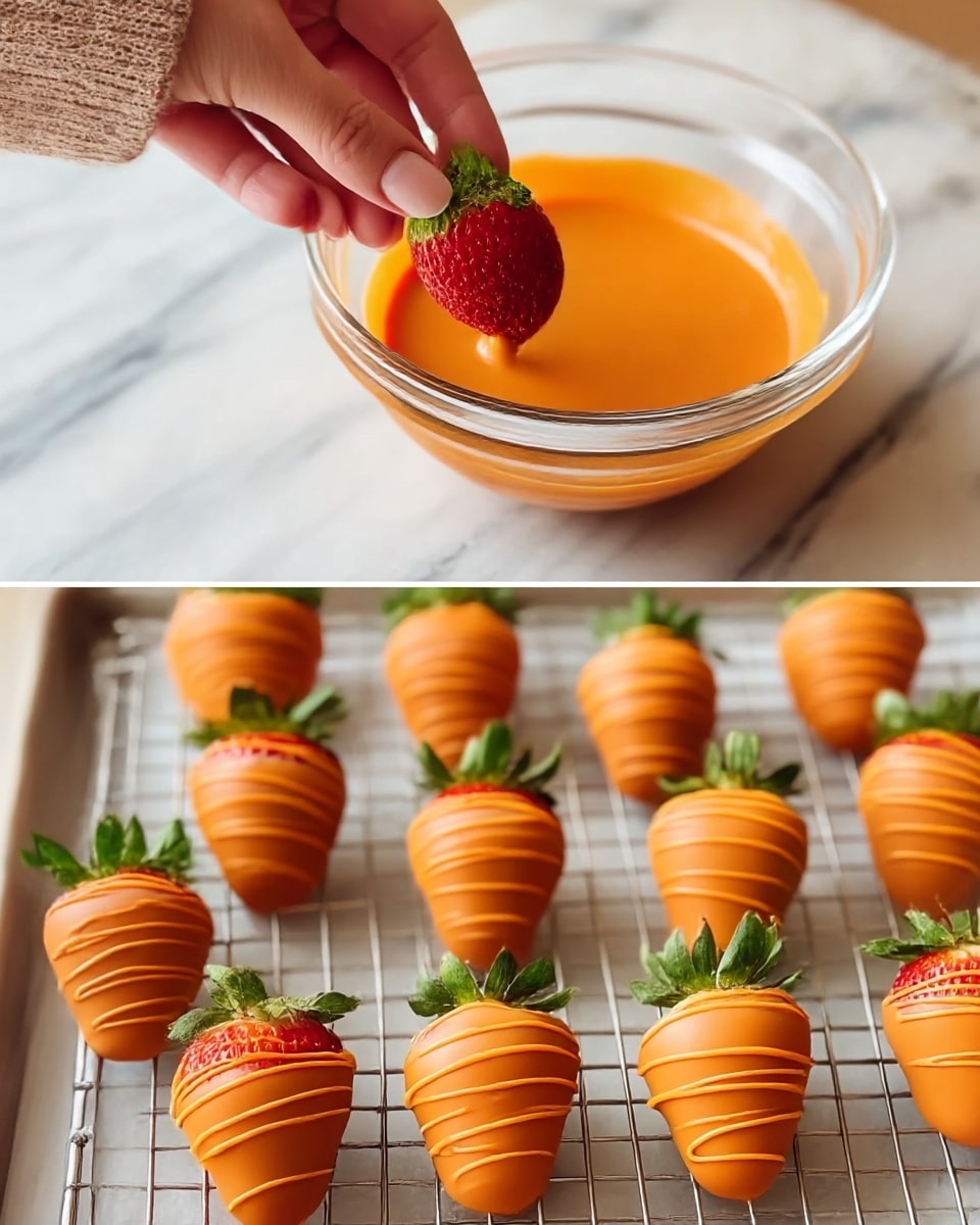The top part shows a close-up of a woman's hand holding a fresh, red strawberry with a green leafy top, about to dip it in a clear glass bowl filled with smooth, bright orange melted chocolate sitting on a white marbled surface. The bottom part of the image shows two rows of eight strawberries coated evenly in the same orange chocolate, each strawberry topped with green leaves and drizzled with a thin zigzag line of lighter yellow-orange chocolate. They rest on a cooling rack over a white marbled surface, with the strawberries evenly spaced and shining under soft light. photo taken with an iphone --ar 4:5 --v 7