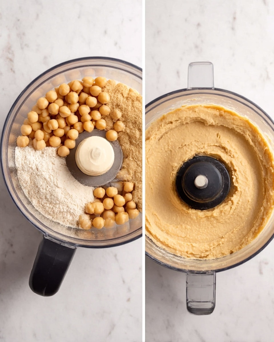 A clear round food processor bowl filled with whole chickpeas, light beige tahini paste, off-white flour, and a pinch of white powder on the top left image. The bowl rests on a white marbled surface. On the right image, the same bowl shows a smooth, light tan creamy hummus spread evenly inside, with the central blade visible in the middle. The handle of the food processor is black. Photo taken with an iphone --ar 4:5 --v 7