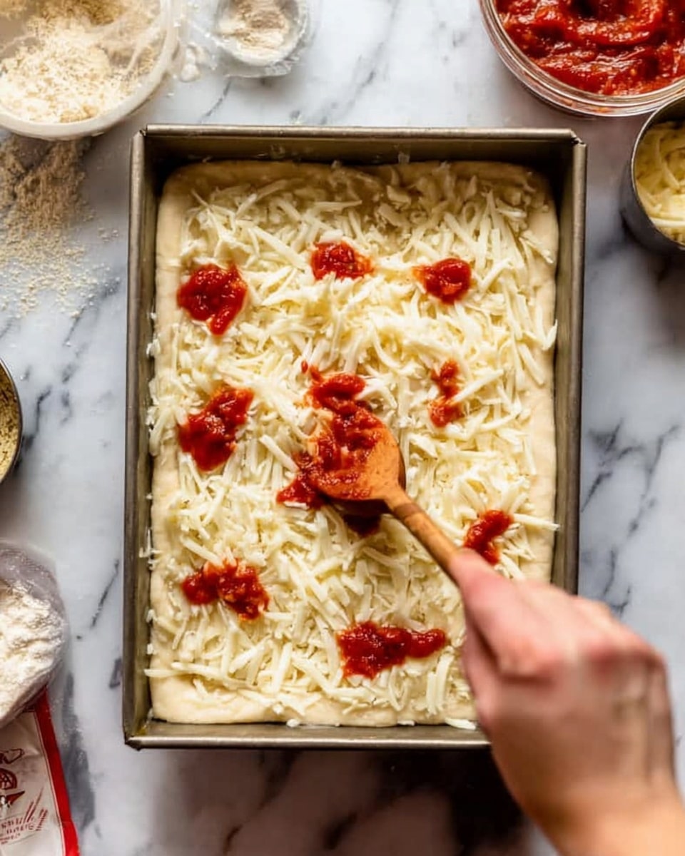 A rectangular baking pan filled with a thick layer of pale dough topped unevenly with shredded white cheese, scattered in a rough pattern. On top of the cheese, there are small dollops of bright red tomato sauce placed randomly. A woman's hand holding a wooden spoon is spreading the tomato sauce over the cheese. The pan is placed on a white marbled surface with some ingredients and containers slightly blurred in the background, adding context to the cooking process. Photo taken with an iphone --ar 4:5 --v 7