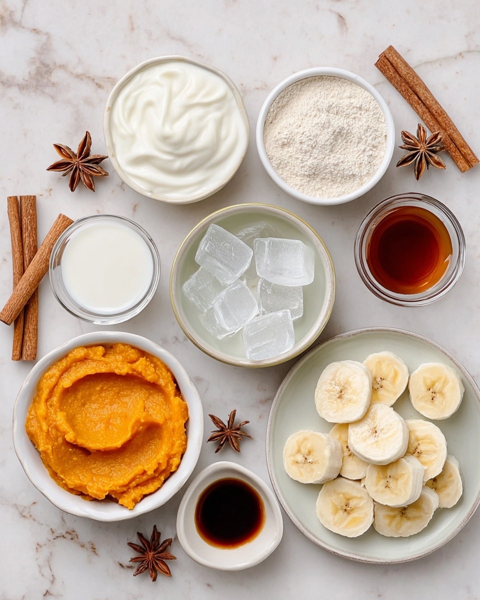 A top view showing various ingredients arranged neatly on a white marbled surface, including one small white bowl filled with creamy white yogurt, another with smooth bright orange pumpkin puree, one bowl filled with translucent ice cubes, a white bowl with light beige flour, and a white bowl with sliced banana rounds stacked and slightly overlapping each other. There are also two small white bowls containing dark brown vanilla extract and maple syrup, along with a small glass filled with white milk. Cinnamon sticks and star anise are placed near the edges as decoration. Photo taken with an iphone --ar 4:5 --v 7