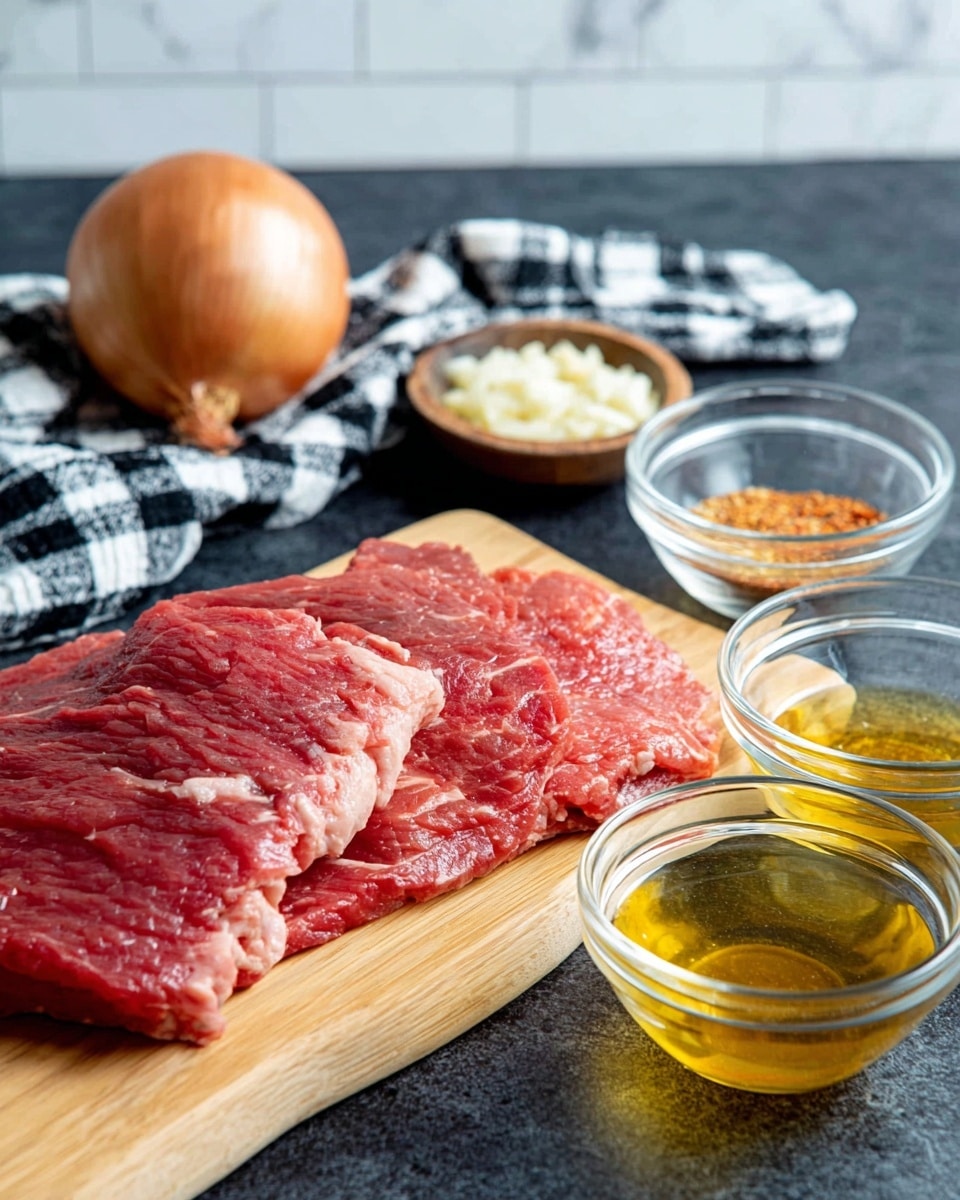 A flat piece of raw red meat with white marbling lies on a wooden board in the center. Behind the meat, a whole brown onion sits on the left with a black-and-white checkered cloth draped nearby. On the right side, there are five clear glass bowls arranged loosely in a row, holding yellowish liquid and spices that include minced garlic and a reddish powder. All items rest on a dark surface with a white marbled texture in the background made of tile. photo taken with an iphone --ar 4:5 --v 7