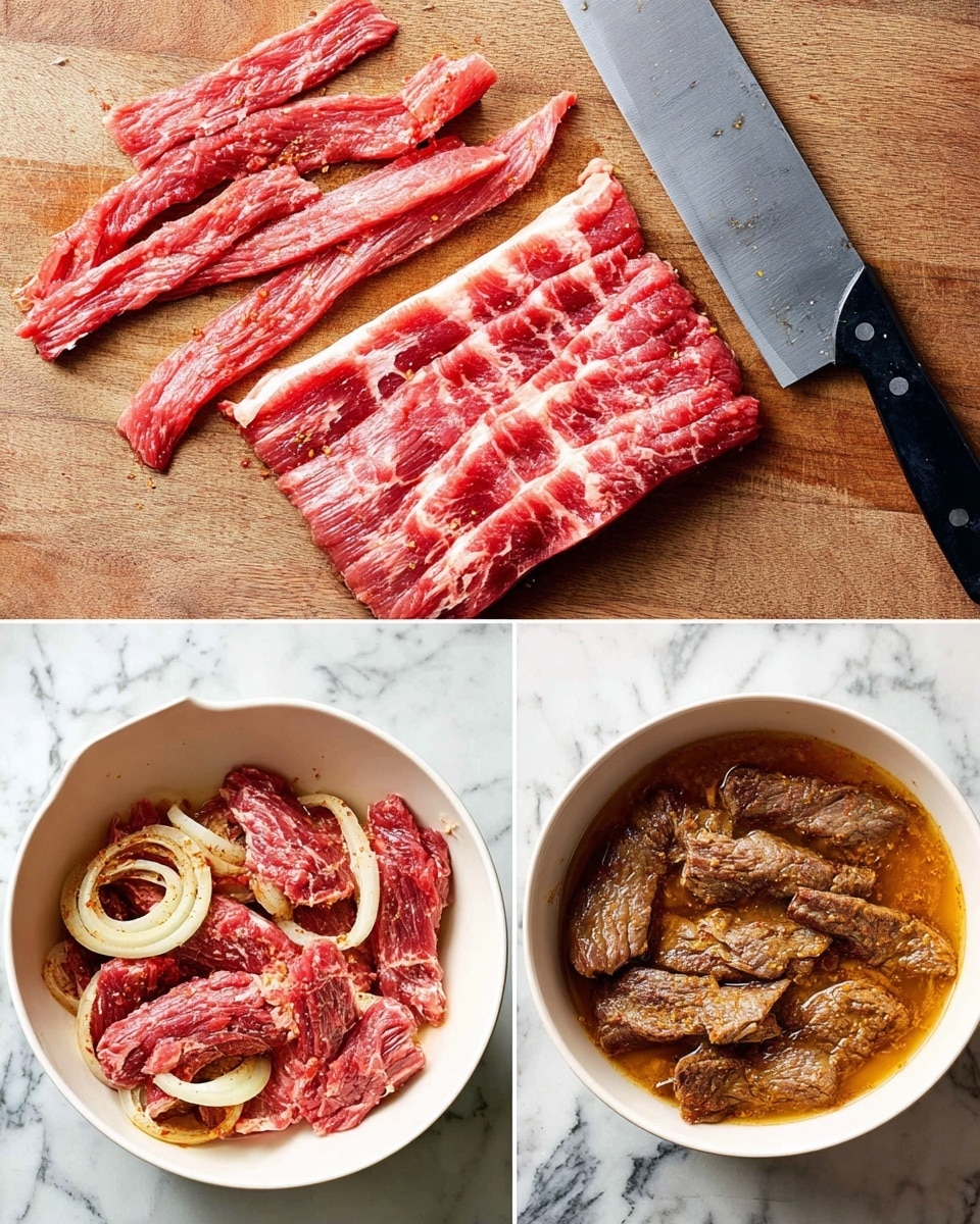 A large piece of raw red meat with white fat streaks lies flat on a wooden cutting board with a large silver knife placed next to it, and thin strips of meat placed above the knife. Below, two white bowls display cooked meat strips with visible onion slices; the left bowl shows red seasoning on the meat and pale yellow onion rings, while the right bowl shows slower-cooked brownish meat in a rich, orange-brown sauce with softened onions. The surface around the boards and bowls shows a white marbled texture photo taken with an iphone --ar 4:5 --v 7