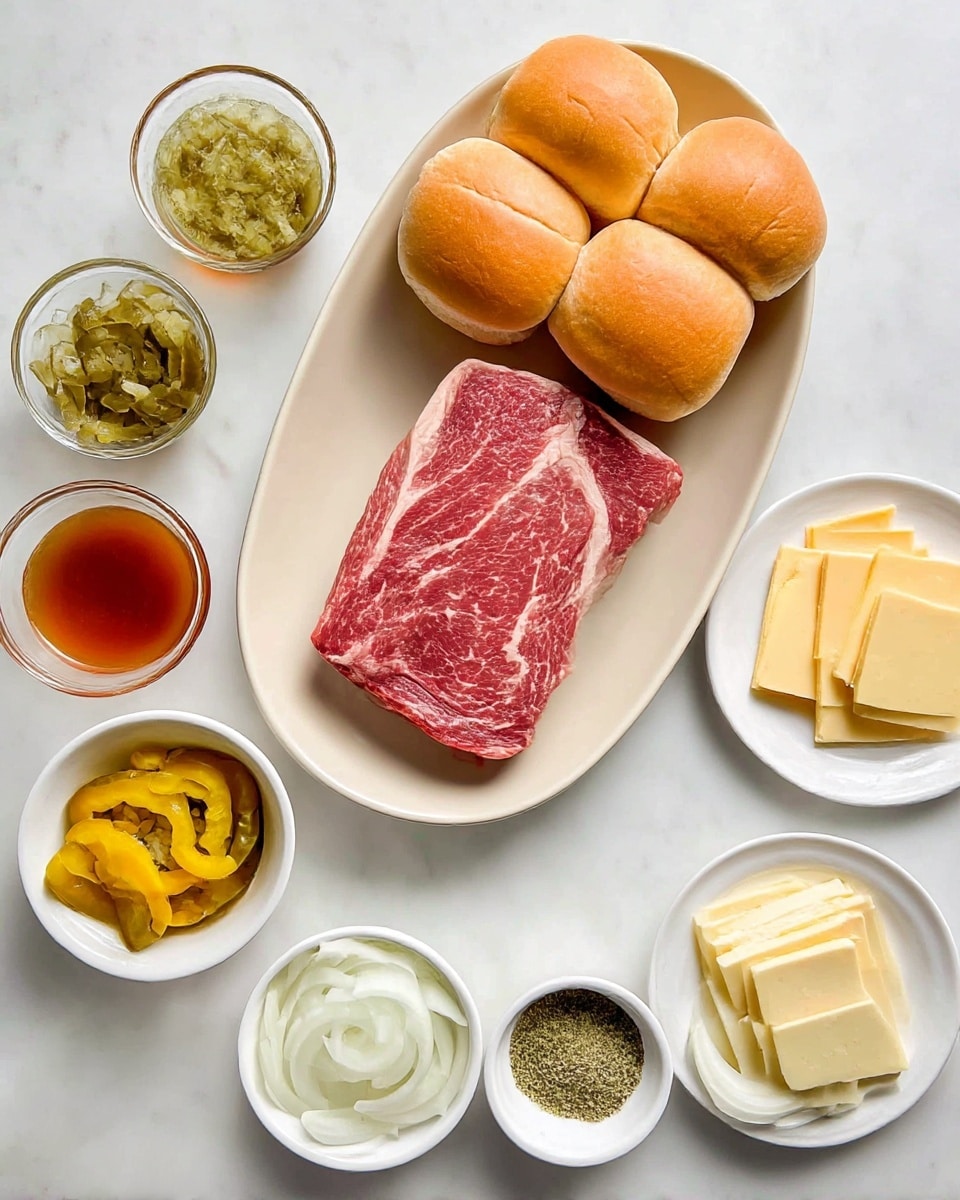 The image shows all ingredients laid out neatly on a white marbled surface for making a sandwich. In the center, there is a large oval light beige plate holding one thick, raw red beef steak with white marbling. Around it, there are five soft golden sandwich buns with a split top arranged in an arc. To the right, a small white plate has five pale yellow round slices of cheese slightly overlapping. Below it, a small white bowl contains sliced yellow pepper strips, and next to it, another small white bowl holds a mix of white and green seasonings in four sections. Below the steak, a white bowl is filled with thin, pale white rings of sliced onions. To the left, a small bowl of green jalapeno pickles mixed with small carrots is placed beneath a small clear container of reddish-brown sauce or jelly. Everything is arranged evenly with bright, natural lighting. Photo taken with an iphone --ar 4:5 --v 7