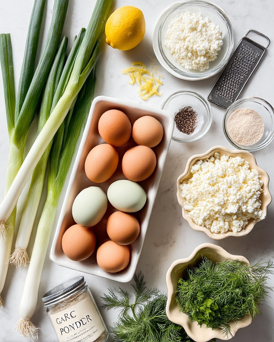 A top view of a white rectangular dish full of brown and pale green eggs, placed center-left on a white marbled surface. To the left, four long green onions with white roots lie diagonally above a small white plate holding a lemon and some lemon zest with a metal grater nearby. On the top right, there is a small glass bowl filled with cottage cheese and next to it a small white bowl with salt and black pepper. Below these bowls, a glass jar labeled