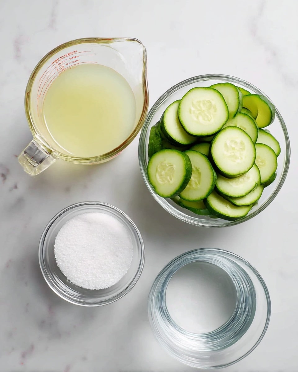 There are four clear glass containers placed on a white marbled surface. The top left container is a measuring cup filled with a pale yellow liquid. To its right is a clear bowl filled with many round, green cucumber slices showing light green centers and darker green edges. Below the measuring cup is a small round glass container holding white granulated sugar. Below the sugar container is another clear measuring cup filled with a clear liquid, likely water. All containers are clean and the scene is lit evenly. photo taken with an iphone --ar 4:5 --v 7