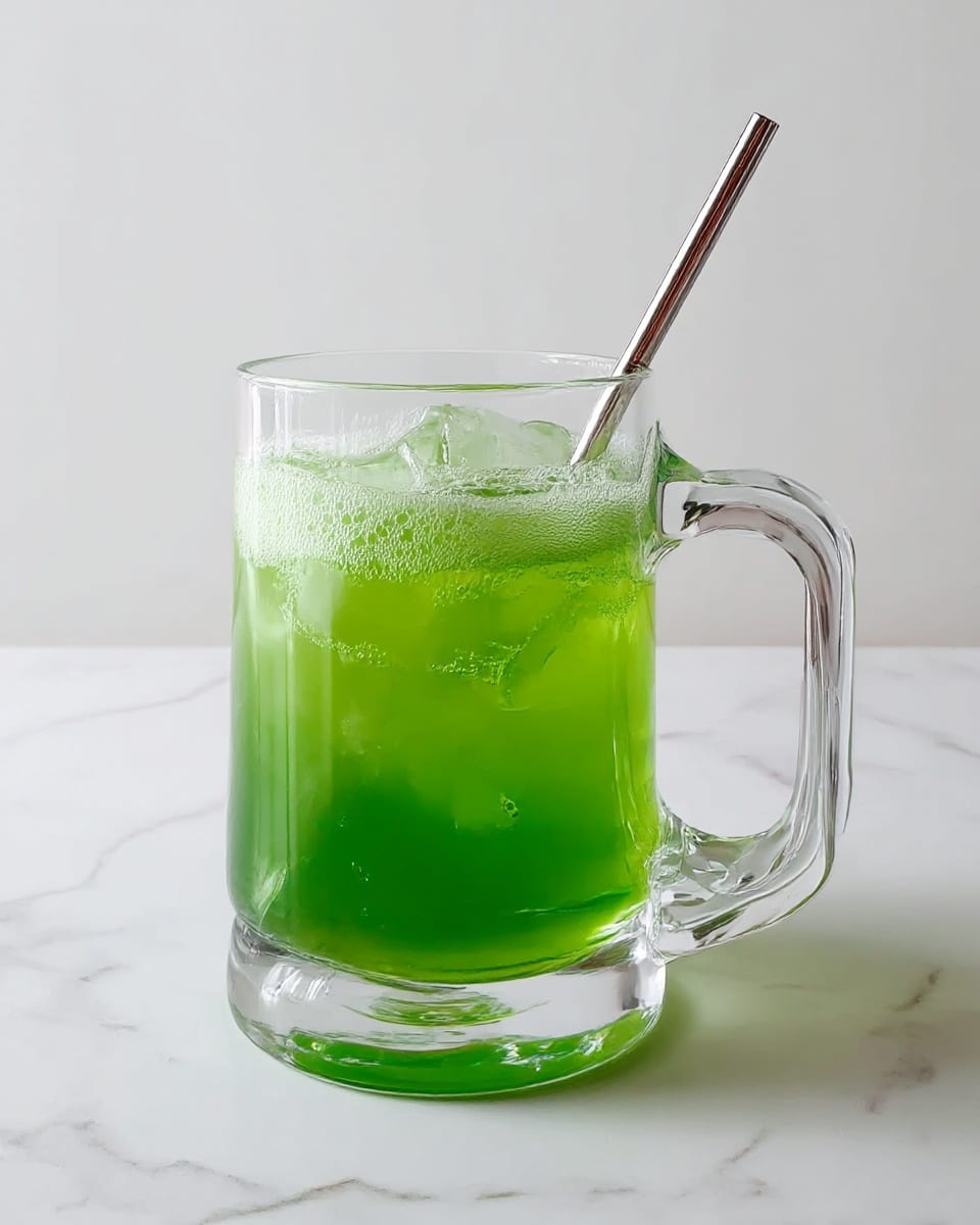 A clear glass mug with a thick bottom and a large handle holds a bright green drink filled with ice cubes, showing a frothy layer on top. Inside the drink, there is a shiny, thin metal stirrer. The mug sits on a white marbled surface with a plain light background. photo taken with an iphone --ar 4:5 --v 7