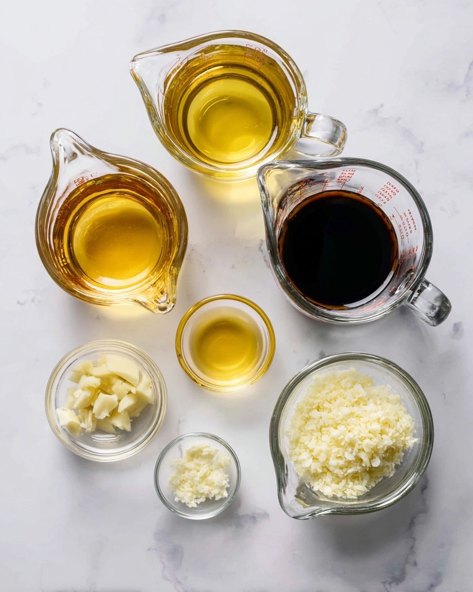 Top view of six small clear glass containers arranged on a white marbled surface, each holding different cooking ingredients. Three containers are measuring cups with handles, showing liquids in golden yellow, clear, and dark brown colors. Two smaller bowls contain finely minced white garlic and pale yellow minced ginger, placed near the center and bottom left. Another small bowl with a similar golden liquid is placed near the top center. The clear glass and the liquid's colors create a clean, simple look. Photo taken with an iphone --ar 4:5 --v 7