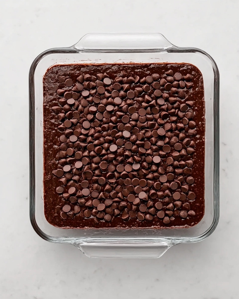 The image shows a clear square glass baking dish filled with a dark chocolate batter topped with many small milk chocolate chips spread evenly across the surface. The batter looks smooth and thick, filling the dish almost to the top, set on a white marbled surface. The glass dish has clear handles on both sides, and the chocolate chips vary slightly in size and are densely placed, creating a textured top layer. Photo taken with an iphone --ar 4:5 --v 7