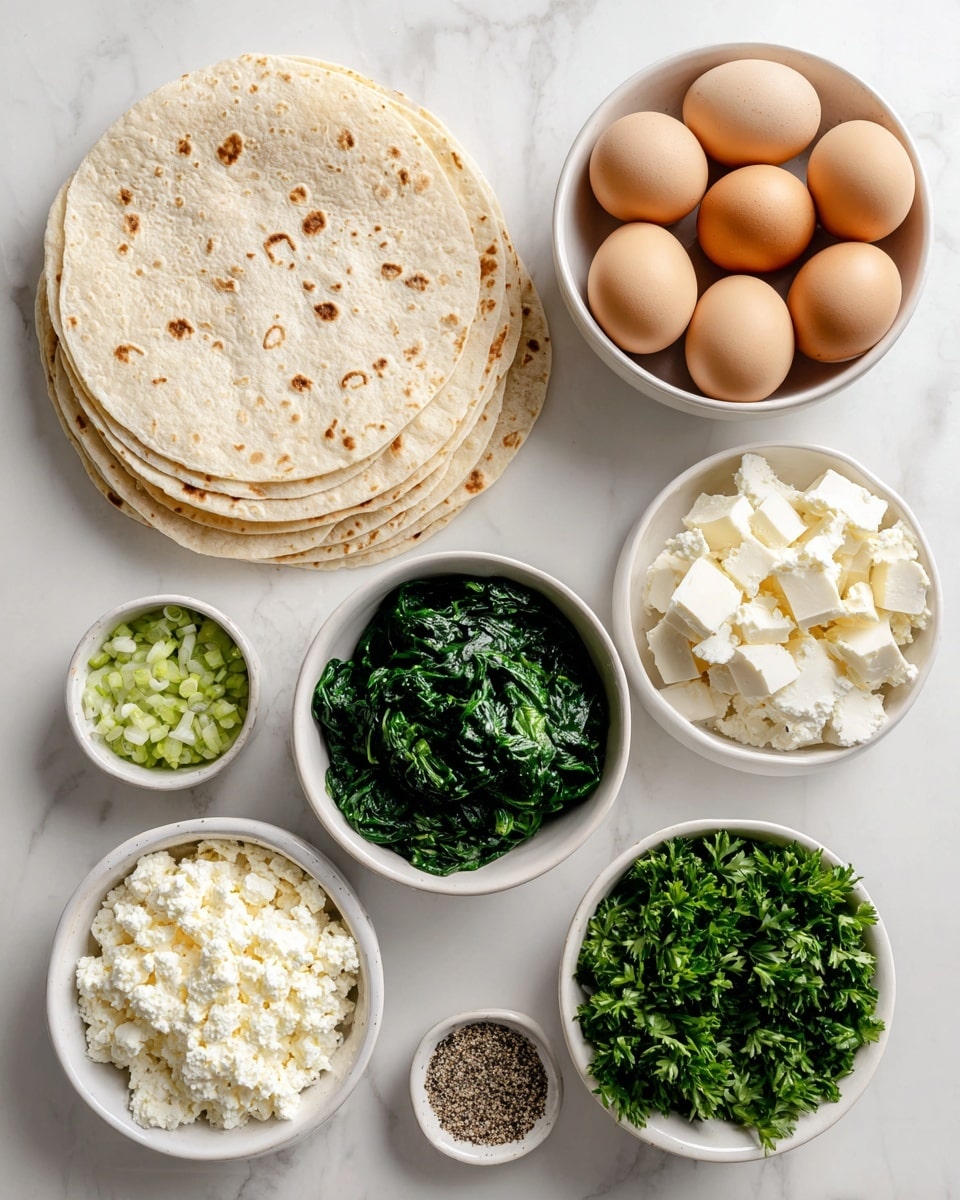 The image shows several ingredients arranged on a white marbled surface. On the left, there are four light beige tortillas stacked with specks of darker grains. To the right, there is a white bowl filled with eight brown eggs, smooth and round. Below the tortillas, a white bowl holds soft and creamy white cottage cheese with a slightly crumbly texture. Next to it, a white bowl contains cooked spinach, dark green and finely chopped. Below the spinach, there is a small white bowl full of coarse black and white pepper mix labeled s&p. To the left, chopped spring onions, pale green and white, fill a small white bowl. To the right of the pepper, a white bowl holds chunks of creamy white feta cheese. Lastly, at the bottom right, a white bowl is filled with fresh parsley, bright green and leafy. All items are neatly arranged and clearly visible with bright lighting, photo taken with an iphone --ar 4:5 --v 7