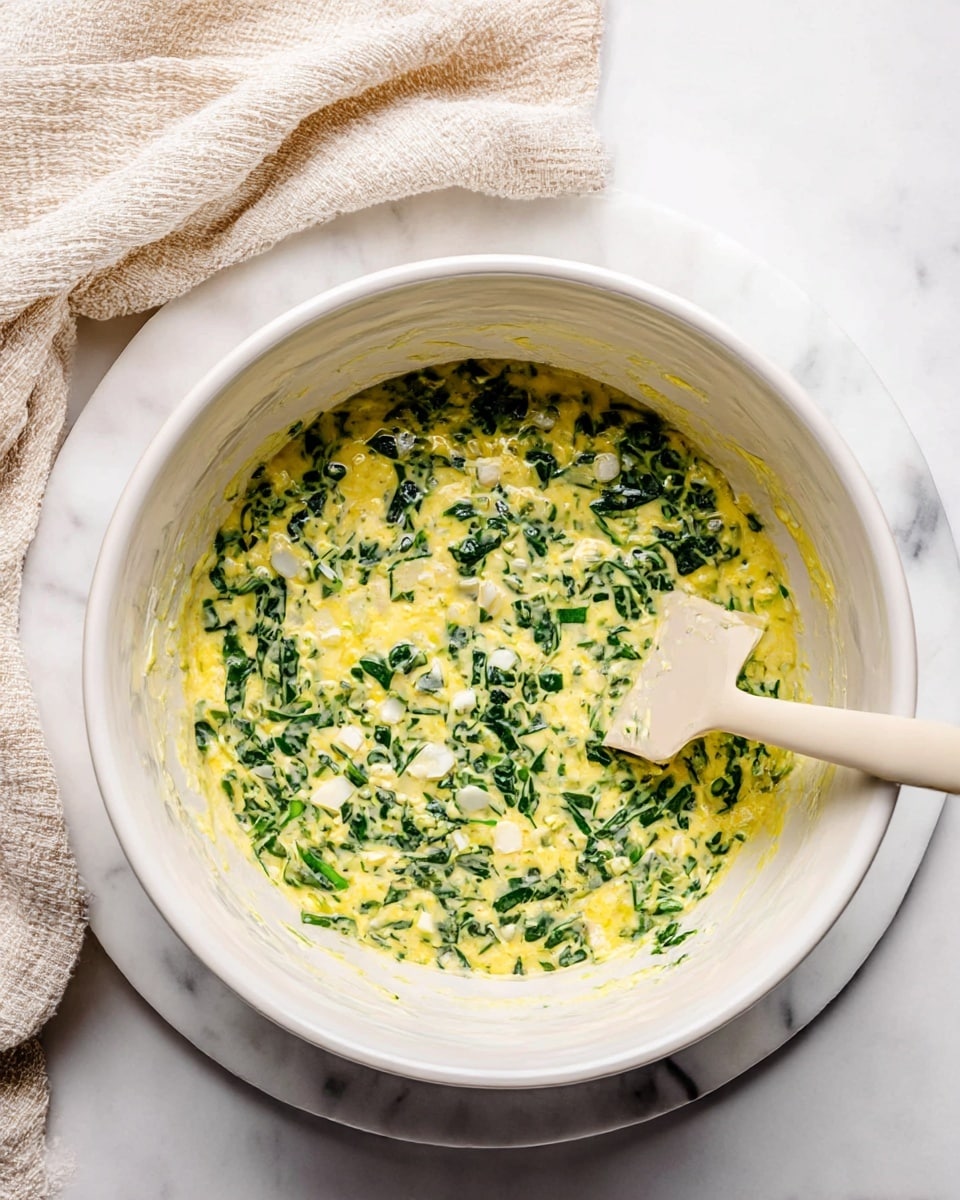 A white bowl filled with a mix of chopped green leafy vegetables and yellow egg mixture, showing a slightly creamy texture with visible small white cheese pieces and green herbs throughout; a pale beige spatula is partially submerged in the mixture on the right side, placed on a round white marbled surface, with a beige textured cloth draped softly in the background photo taken with an iphone --ar 4:5 --v 7