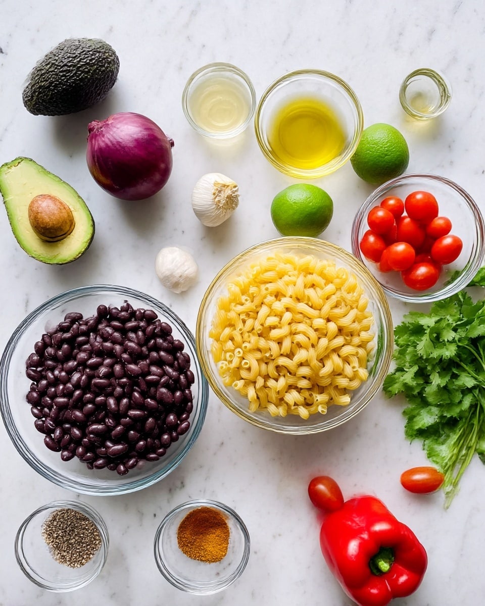 The image shows a top view of various fresh ingredients arranged neatly on a white marbled surface. In the center, there is a clear glass bowl filled with uncooked elbow macaroni, its light yellow shape forming a smooth textured layer. Below it is a smaller clear bowl with bright yellow corn kernels, shiny and round. To the left of the macaroni, a larger clear bowl holds dark and glossy black beans, piled up with a smooth, almost round shape. Around these bowls are whole fresh vegetables and herbs: a dark green avocado with rough skin on the left, a purple onion with smooth shiny skin above it, and two green limes close to the onion. To the right, a clear bowl contains bright red cherry tomatoes, smooth and shiny. Beside it lies a fresh, smooth red bell pepper and a bunch of bright green cilantro with thin stems and leaves spreading out. Above the macaroni are small containers with light golden olive oil and a pale yellow liquid, along with a tiny round white garlic clove near the corn. There is also a small clear bowl of ground spices with brown and grayish tones at the bottom left. The whole setting looks clean and bright with soft, natural light. Photo taken with an iphone --ar 4:5 --v 7