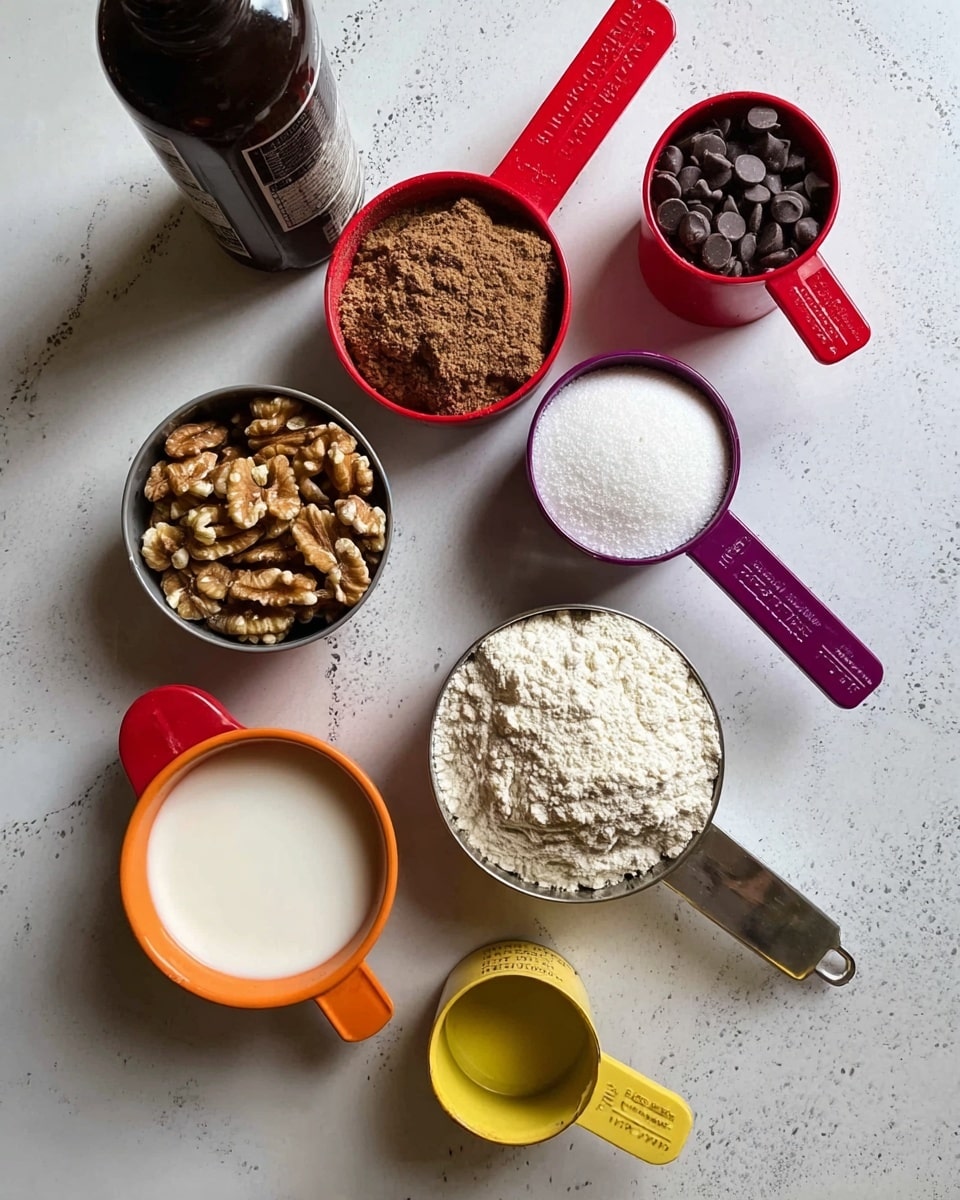 The image shows eight different measuring cups and a small bowl arranged on a white marbled surface. Starting from the top left, there is a dark bottle, next to it is a red measuring cup filled with brown sugar. To the right is another red measuring cup filled with chocolate chips, and next to it is a purple measuring cup filled with white granulated sugar. Below, there is an orange measuring cup with white liquid, likely milk, beside a yellow measuring cup with a golden liquid, probably oil. To the left, a red measuring cup holds walnut halves, and next to it is a shiny metal measuring cup piled high with flour. Finally, there is a small white bowl with some white powder, possibly baking soda or salt. The scene is well lit and captured clearly. photo taken with an iphone --ar 4:5 --v 7