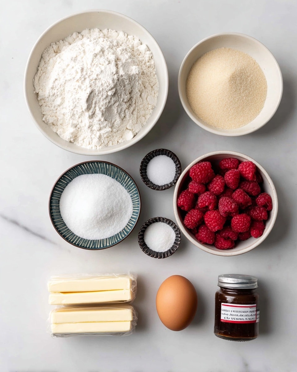 The image shows seven ingredients neatly arranged on a white marbled surface. At the top center is a white bowl filled with white flour, slightly mounded with a rough texture on top. To the right is another white bowl filled with fine, light tan sugar, level and smooth. To the left of the flour is a small dark ridged cup holding white baking soda powder, and below it is another small dark ridged cup with fine white salt. Below the salt cup sits a white bowl filled with deep red freeze-dried raspberries, textured and round. Near the bottom left are two sticks of unsalted butter wrapped in light beige paper with blue writing. In the bottom middle is a single smooth brown egg. Finally, at the bottom right is a small clear jar with dark brown vanilla bean paste inside, capped with a black lid and labeled in red and white. The arrangement is flat and balanced across the frame. Photo taken with an iphone --ar 4:5 --v 7