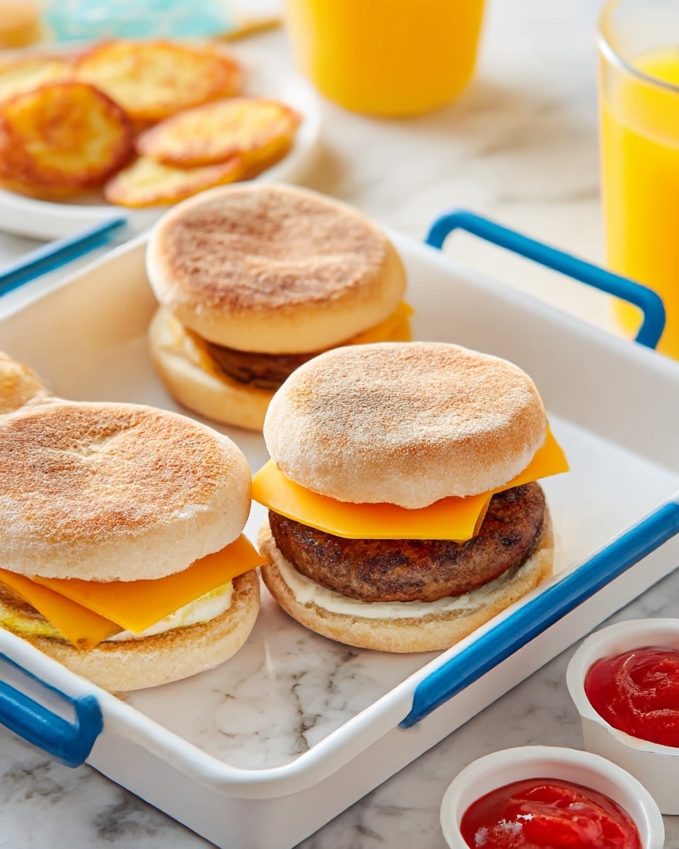 The image shows three breakfast sandwiches arranged on a white tray with blue handles. Each sandwich has three visible layers: a light brown toasted English muffin on top with a slightly browned, textured surface, a layer of bright orange square cheddar cheese slice beneath it, and a round cooked sausage patty that is darker brown and slightly crispy in the middle. Between the cheese and the bottom muffin, there is a spread of creamy white sauce. The tray is on a white marbled surface, and in the background, there is a clear cup of orange juice and a white plate with golden brown hash browns and small ramekins filled with red ketchup. Photo taken with an iphone --ar 4:5 --v 7