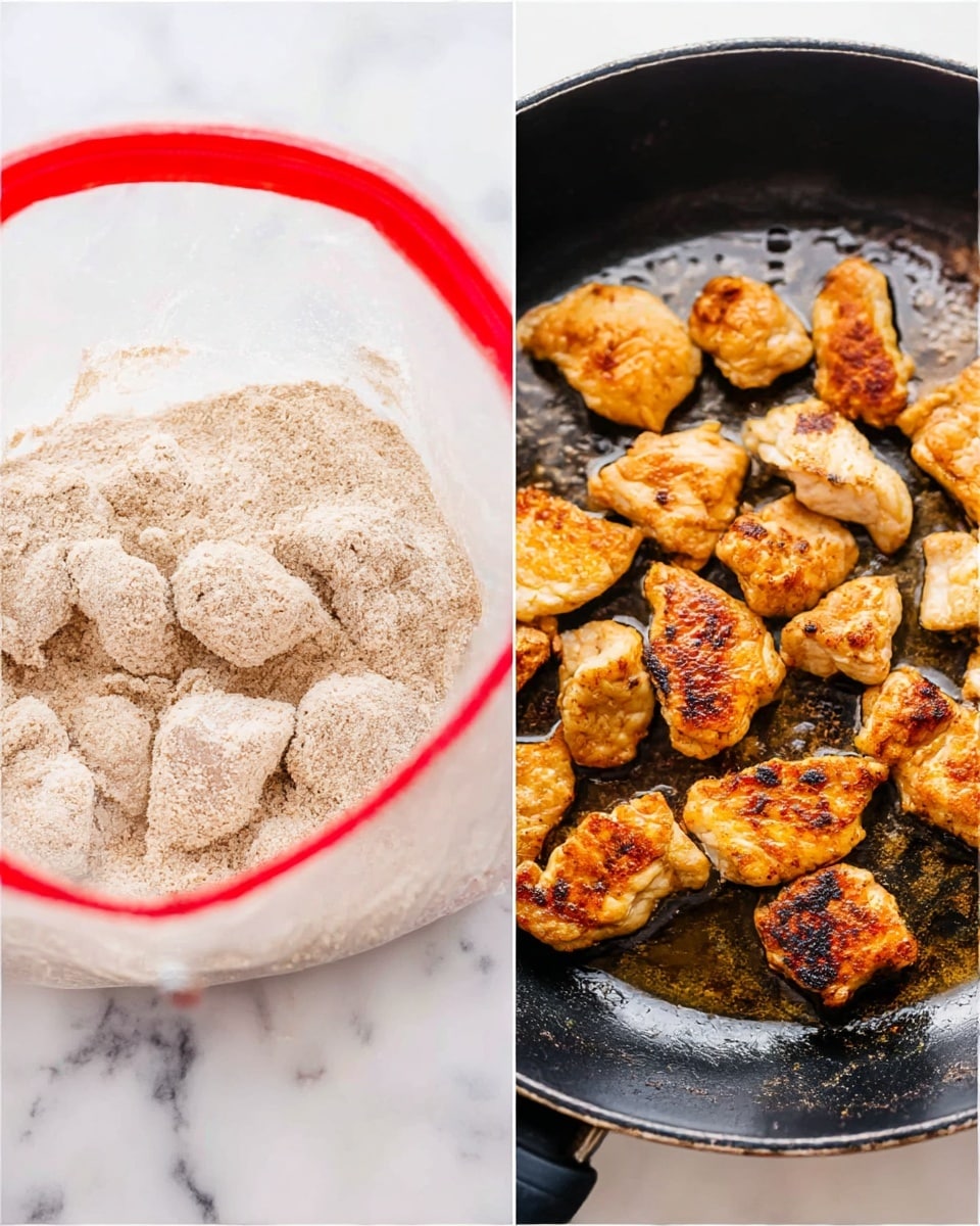 There are two parts in the image side by side; on the left, there is a clear plastic bag with a red zipper containing raw chicken pieces covered in light brown flour with a powdery texture, the bag is held open slightly and resting on a white marbled surface. On the right side, the cooked chicken pieces are golden brown with some darker charred spots, showing a crispy texture, and they are placed in a black frying pan with visible oil and a shiny surface. Photo taken with an iphone --ar 4:5 --v 7