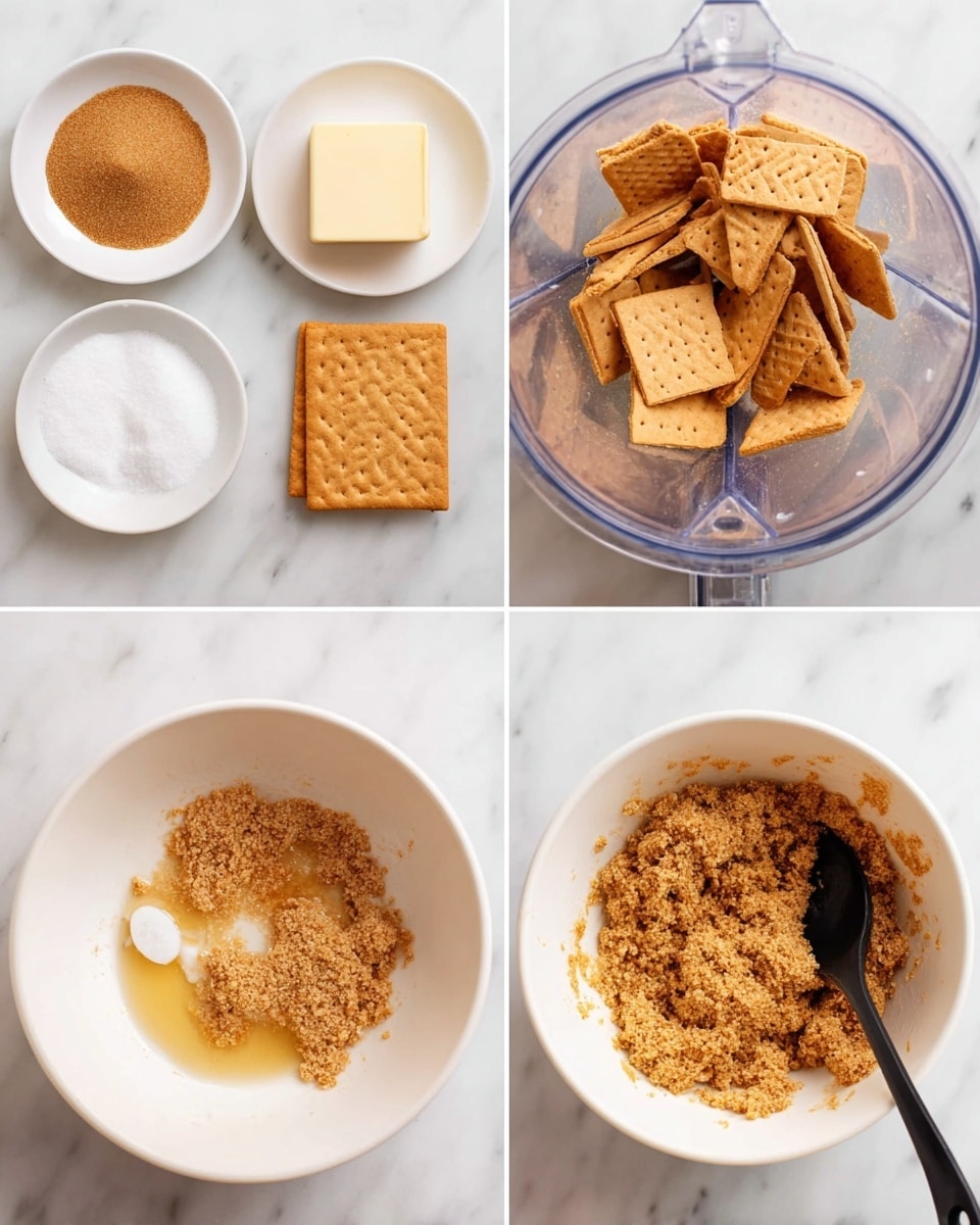 The image shows four parts. Top left has three white bowls on a white marbled surface: one bowl has light brown sugar, another has a block of pale butter, and the third has three rows of whole graham crackers. Top right shows broken graham crackers inside a clear blender container. Bottom left has a white bowl with a mix of light brown sugar, melted butter, and crushed graham crackers in layers. Bottom right shows the same white bowl with the mixture stirred into a crumbly, even-textured brown blend, with a black spoon inside. Photo taken with an iphone --ar 4:5 --v 7