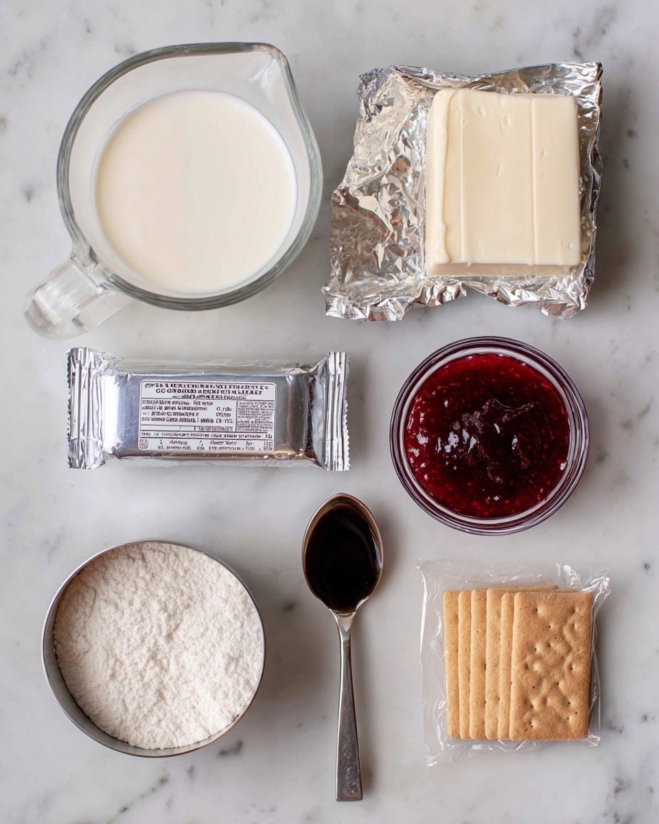 The image shows ingredients arranged on a white marbled surface. There is a clear glass measuring cup filled halfway with white heavy cream on the left side. Below it is a shiny metal measuring cup full of white confectioner’s sugar. In the center at the top is a wrapped rectangular block of cream cheese with silver packaging. Below this is a small metal teaspoon holding dark brown vanilla extract. Next to the vanilla is a small, round metal cup filled with red strawberry jam. On the right side, there is a block of light brown graham crackers still in clear plastic packaging. Each item is neatly spaced and easy to see. Photo taken with an iphone --ar 4:5 --v 7