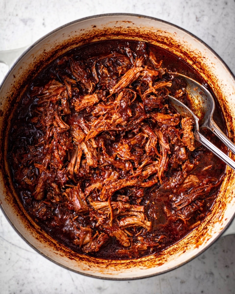The image shows a large white pot filled with pulled meat cooked in a dark, thick sauce. The meat strands are brownish-red and look tender, mixed evenly with the rich, glossy sauce. The sauce has a slightly chunky texture with visible bits that add depth. The pot edges have a bit of sauce stuck to them, showing slow cooking. Two silver forks are placed inside, resting on top of the meat. The pot sits on a white marbled surface. Photo taken with an iphone --ar 4:5 --v 7