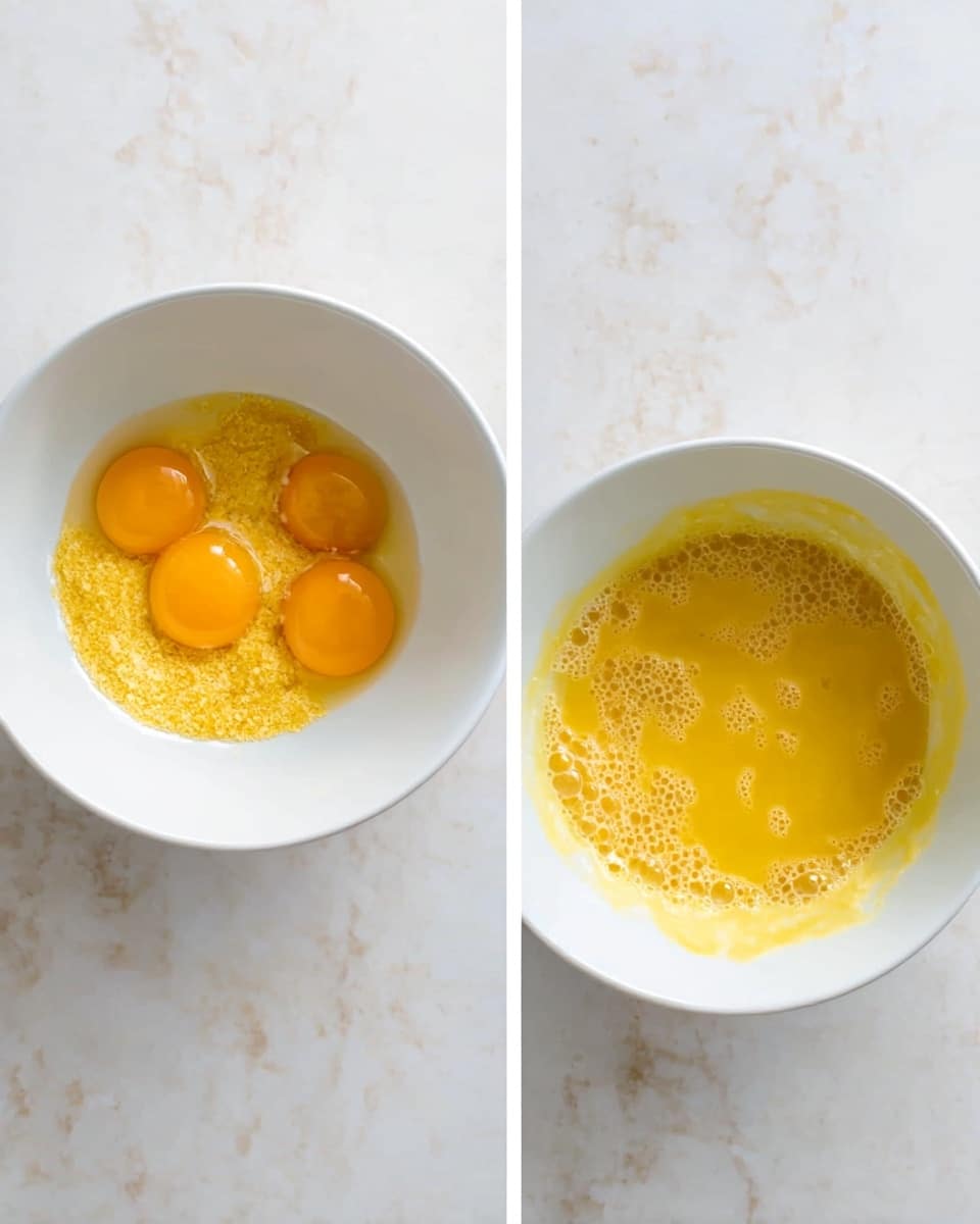 The image shows two side-by-side views of a white bowl placed on a white marbled surface. In the left view, the bowl contains three raw eggs with golden-yellow yolks on top of a grainy yellow mixture, possibly cornmeal or a similar ingredient. The right view shows the same bowl after the ingredients have been mixed into a smooth, yellow batter with bubbles on the surface. The inside of the bowl has traces of the mixture splashed up against the sides. Photo taken with an iphone --ar 4:5 --v 7