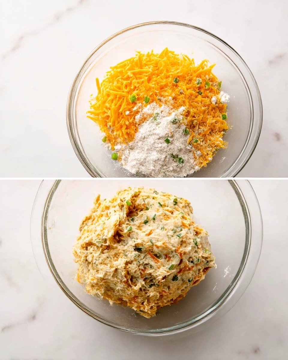 The image shows two clear glass bowls on a white marbled surface. In the left bowl, there are layers of orange shredded cheese on the top right side, white flour on the bottom half, and small green pieces mixed in on the left side. The right bowl contains the same ingredients now mixed together into a rough, thick dough with visible bits of orange, green, and white sticking out. Both bowls are simple and transparent, highlighting the colors and textures of the ingredients inside. Photo taken with an iphone --ar 4:5 --v 7