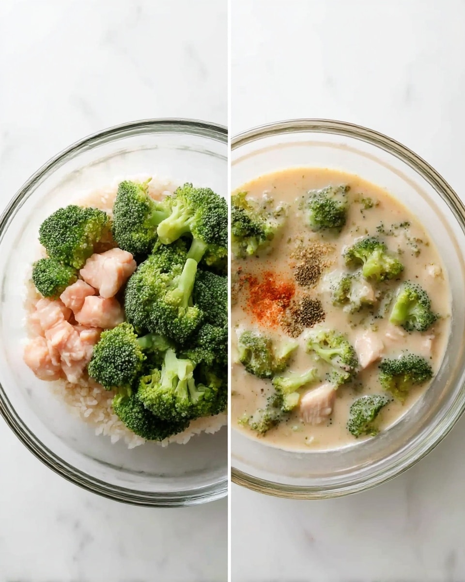 The image shows two clear glass bowls on a white marbled surface. The bowl on the left has several layers: an even base layer of light-colored rice, small pieces of light pink chicken placed on the upper side, and large green broccoli florets covering the top. The broccoli has a slightly rough texture. There is a sprinkle of reddish-orange seasoning near the middle, along with some black and light-colored spices scattered around. The bowl on the right has a creamy light beige sauce filling the bowl, with the green broccoli florets and light pink chicken pieces spread evenly through the sauce. Photo taken with an iphone --ar 4:5 --v 7