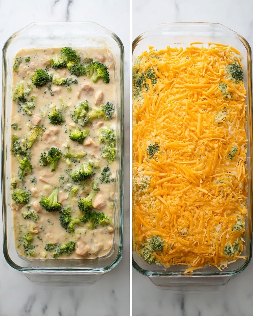 The image shows two stages of a casserole dish side by side, both in a clear glass baking dish on a white marbled surface. The left side shows the first layer, with light creamy sauce mixed with green broccoli florets and pieces of meat, filling the dish evenly with a slightly thick texture. On the right side, the casserole is topped with a thick layer of shredded bright orange cheese, covering the broccoli mixture completely, creating a textured surface with some green peeking through. The cheese layer has an uneven spread but covers all visible parts. Photo taken with an iphone --ar 4:5 --v 7