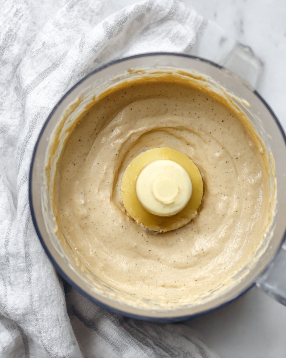 Inside a clear food processor bowl is a smooth, creamy beige mixture with small dark specks spread evenly throughout. The mixture covers the central plastic blade attachment, which is soft yellow with some mixture on it as well. The food processor is placed on a white marbled surface next to a white cloth with pale gray stripes. The overall look is light and natural. photo taken with an iphone --ar 4:5 --v 7