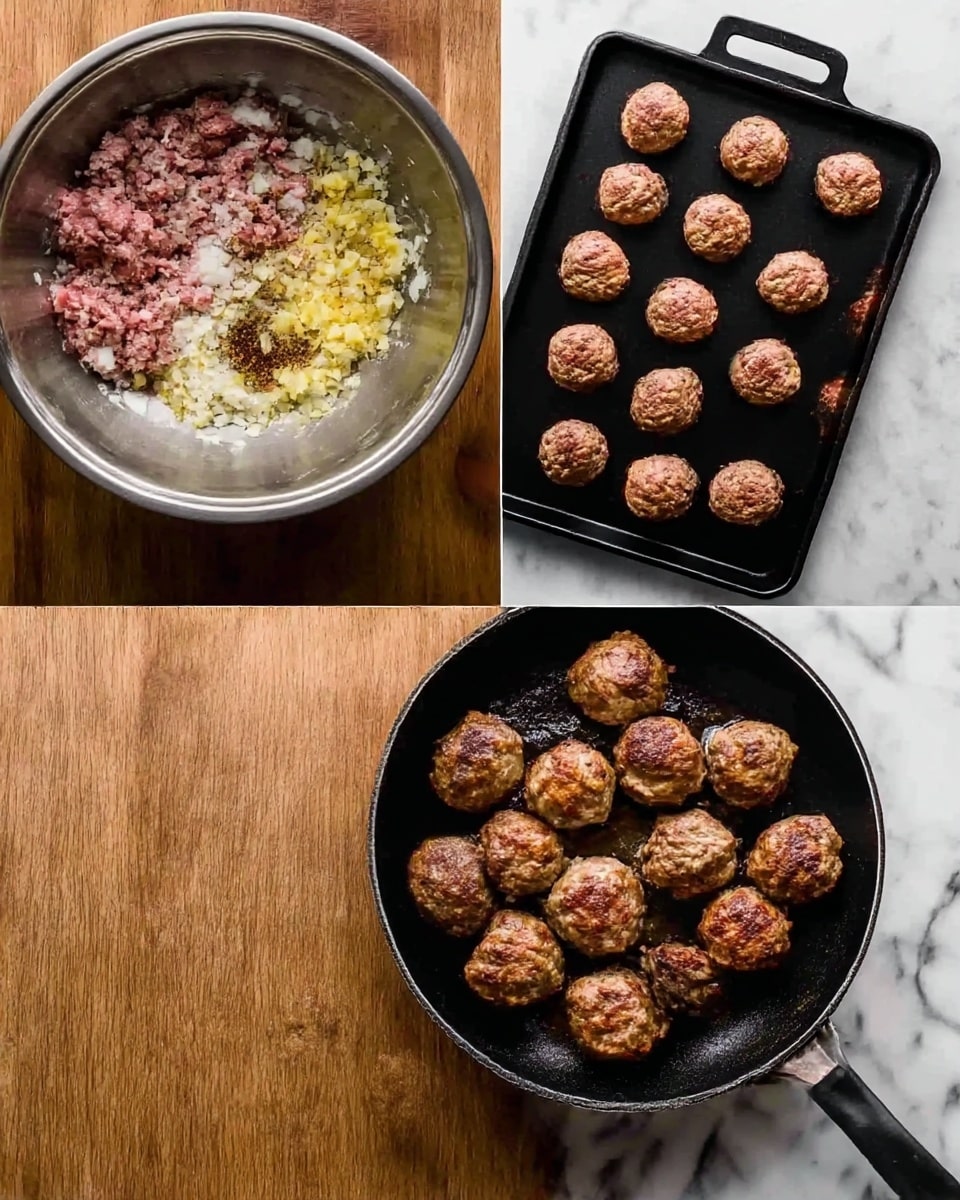 The first layer shows a large metal bowl with raw ground meat mixed with white sauce, light yellow chopped garlic, and various light and dark brown spices on a wooden surface. The second layer has evenly spaced raw meatballs shaped into round balls, arranged neatly on a black tray with a handle slot near the top. The last layer shows cooked meatballs with a browned and slightly crispy outside, filling a black frying pan with some pieces touching each other. The background throughout is a white marbled texture. Photo taken with an iphone --ar 4:5 --v 7