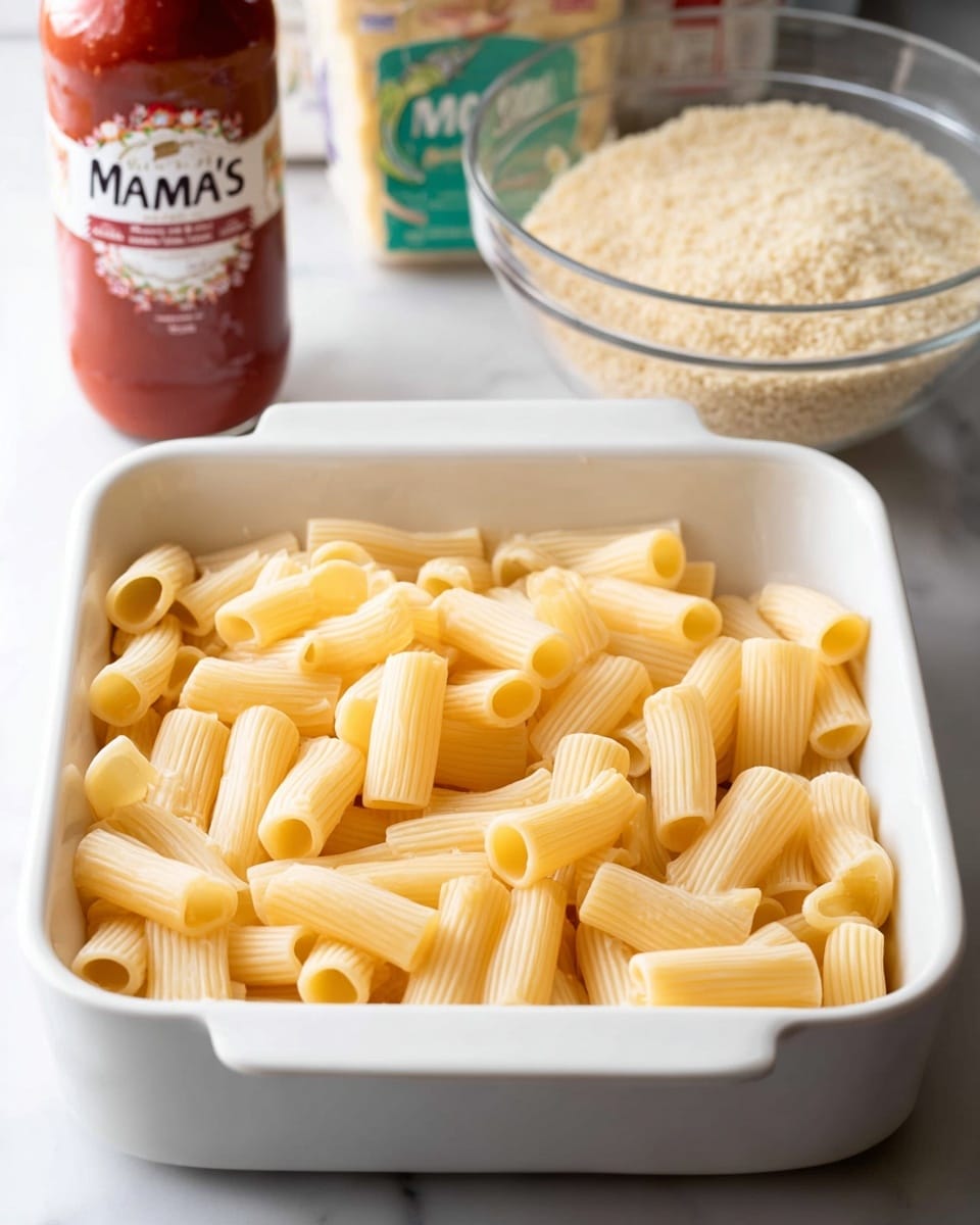 A white square baking dish is filled with evenly spread short rigatoni pasta, pale yellow in color with ridged texture and hollow centers, resting on a white marbled surface. Behind the dish, there is a glass bowl containing light brown breadcrumbs. To the left, there is a bottle of red marinara sauce labeled