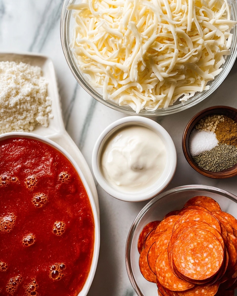 The image shows a close-up of five main items arranged on a white marbled surface. In the top center, there is a clear glass bowl filled with shredded pale yellow cheese, topped with a smaller white bowl holding a smooth white creamy substance. To the right, a small dark bowl contains small piles of dry spices in different colors: orange, green, and white. Below it, a clear glass bowl holds many stacked bright orange-red pepperoni slices, with a woman’s hand holding several pieces. At the bottom left, a white plate is filled with thick red tomato sauce with a few bubbles visible on the surface. All items are placed closely together, highlighting contrasting colors and textures. Photo taken with an iphone --ar 4:5 --v 7
