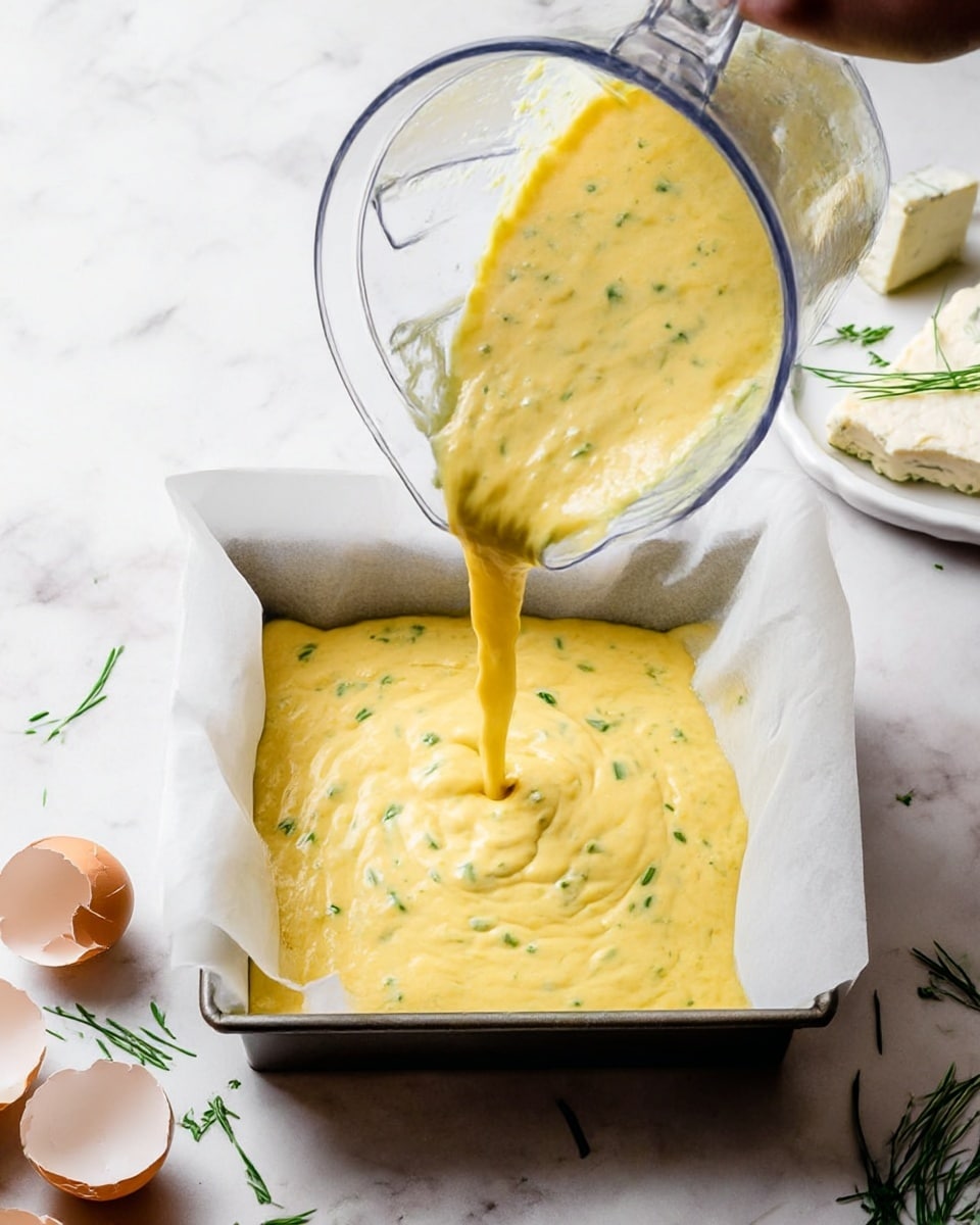 A thick, yellow batter with small green herb pieces is being poured from a clear blender into a square baking pan lined with white parchment paper, spreading out unevenly on the bottom. The pan sits on a white marbled surface with scattered green herb leaves and cracked eggshells in the lower left corner. A white dish with soft white cheese is placed nearby on the upper right, partially visible with green herb sprigs around it. photo taken with an iphone --ar 4:5 --v 7