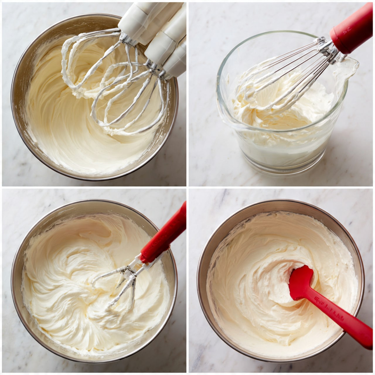 The image shows a four-step process of mixing a creamy, white mixture in a metal bowl on a white marbled surface. The first part shows two mixer beaters covered in thick, smooth cream inside the bowl. The second part has a whisk with stiff peaks of white foam lifted above a clear glass measuring cup containing the same foamy mixture. The third part shows a red spatula folding a light, fluffy white layer into a thicker cream inside the metal bowl. The last part shows the mixture fully combined into a smooth, thick, white cream with the red spatula resting inside the bowl. Photo taken with an iphone --ar 4:5 --v 7