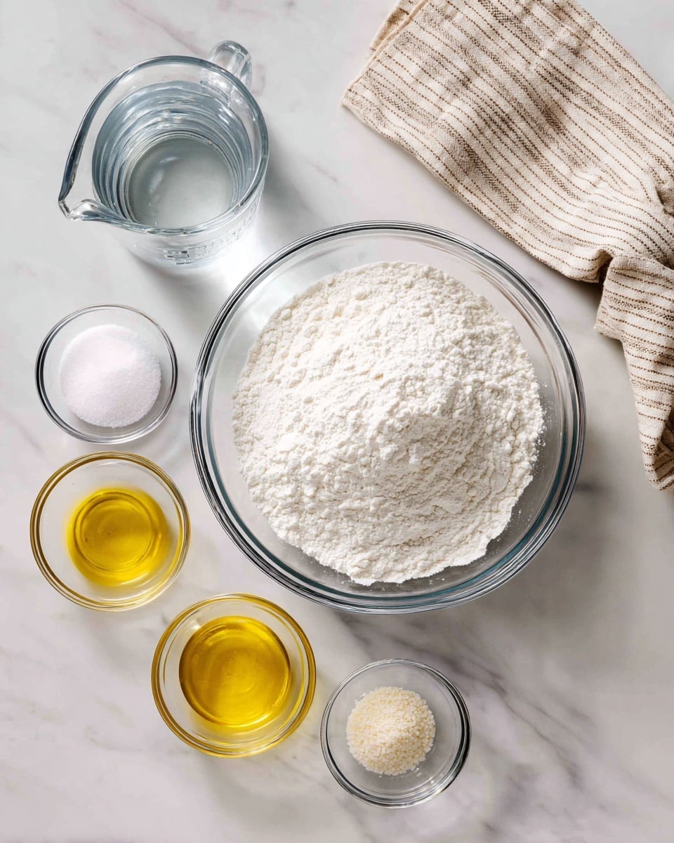 A top view of a clear glass mixing bowl filled with white all-purpose flour sits at the center on a white marbled surface. Below it, from left to right, are small clear glass bowls and a clear glass measuring jug holding water. The small bowls contain golden-yellow olive oil, white sugar, coarse white salt, and beige instant dry yeast, each separated and neatly arranged in a line. A beige cloth with stripes is casually placed to the top right. photo taken with an iphone --ar 4:5 --v 7