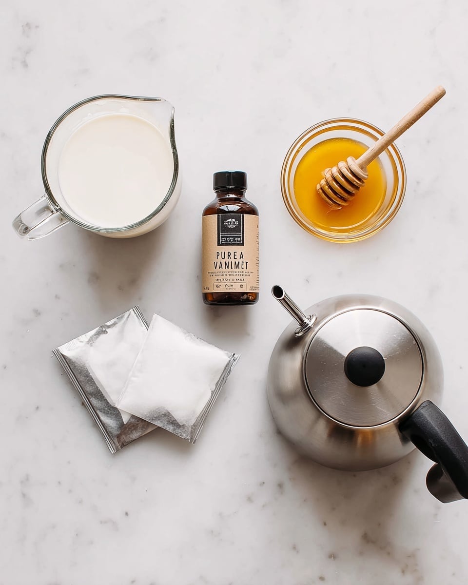 A flat lay of tea-making ingredients and tools is shown on a white marbled surface. From left to right, there is a clear glass measuring cup filled halfway with white milk, next to it a small brown bottle labeled