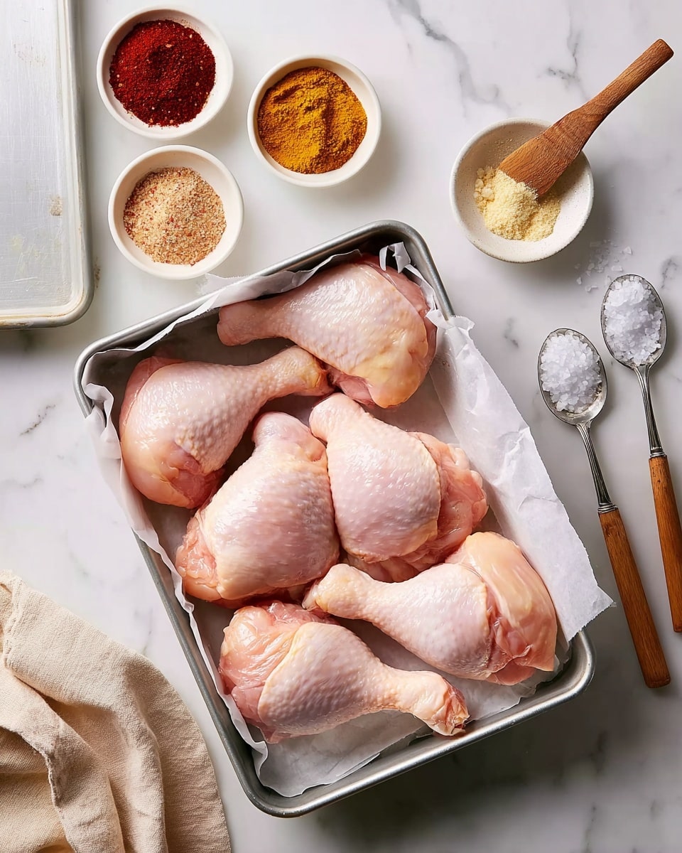 The image shows six raw chicken legs placed in a single layer inside a metal tray lined with white parchment paper. The chicken skin is pale pink with a slight shine. Around the tray, there are small white bowls filled with different spices: a deep red powder, a light beige powder, and a yellowish mix. To the right, there is a small white bowl with coarse salt and two spoons, one silver and one wooden. In the top left corner, there is a baking pan lined with parchment paper. The whole setup is on a white marbled surface with a soft beige cloth in the bottom left corner. Photo taken with an iphone --ar 4:5 --v 7