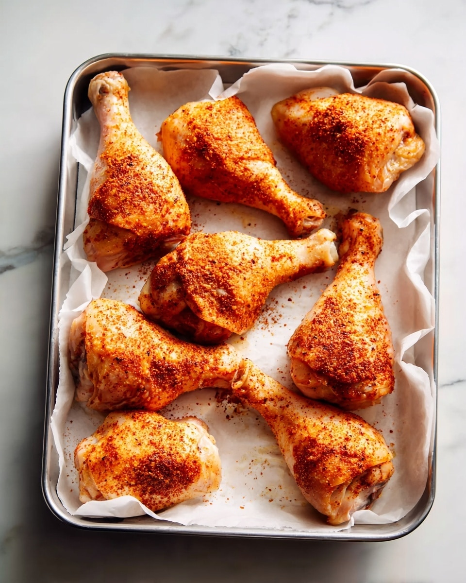 A silver baking tray lined with white parchment paper holds eight raw chicken drumsticks. Each drumstick is evenly coated with a reddish-orange spice mix, giving them a textured look with small visible bits of seasoning. The pieces are arranged close but not touching, covering almost the entire tray. The background is a white marbled surface with soft natural light illuminating the tray from above. photo taken with an iphone --ar 4:5 --v 7