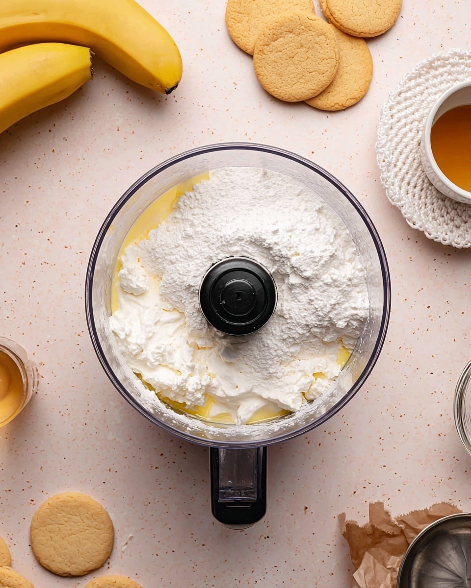 A clear food processor bowl filled with white, crumbly cottage cheese on the right half and a mound of white powdered sugar on the top center, with some yellow liquid, likely vanilla, spread around beneath the cheese. The lid’s black handle is centered in the frame, and the processor is on a light pink speckled surface. To the left are two yellow bananas and three round golden cookies. To the top right is a small white bowl with a bit of light brown liquid, and a white crocheted plate with a glass container on it. At bottom right, a small silver bowl is partly visible, and a slightly crumpled brown paper lies just above it. Photo taken with an iphone --ar 4:5 --v 7